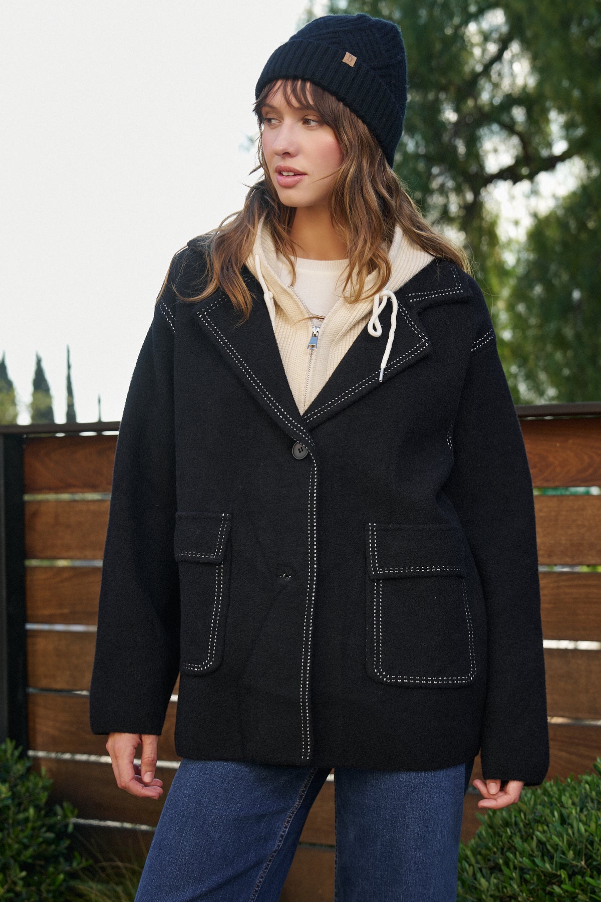 Wool Blend Knit Coat with Zip Hood