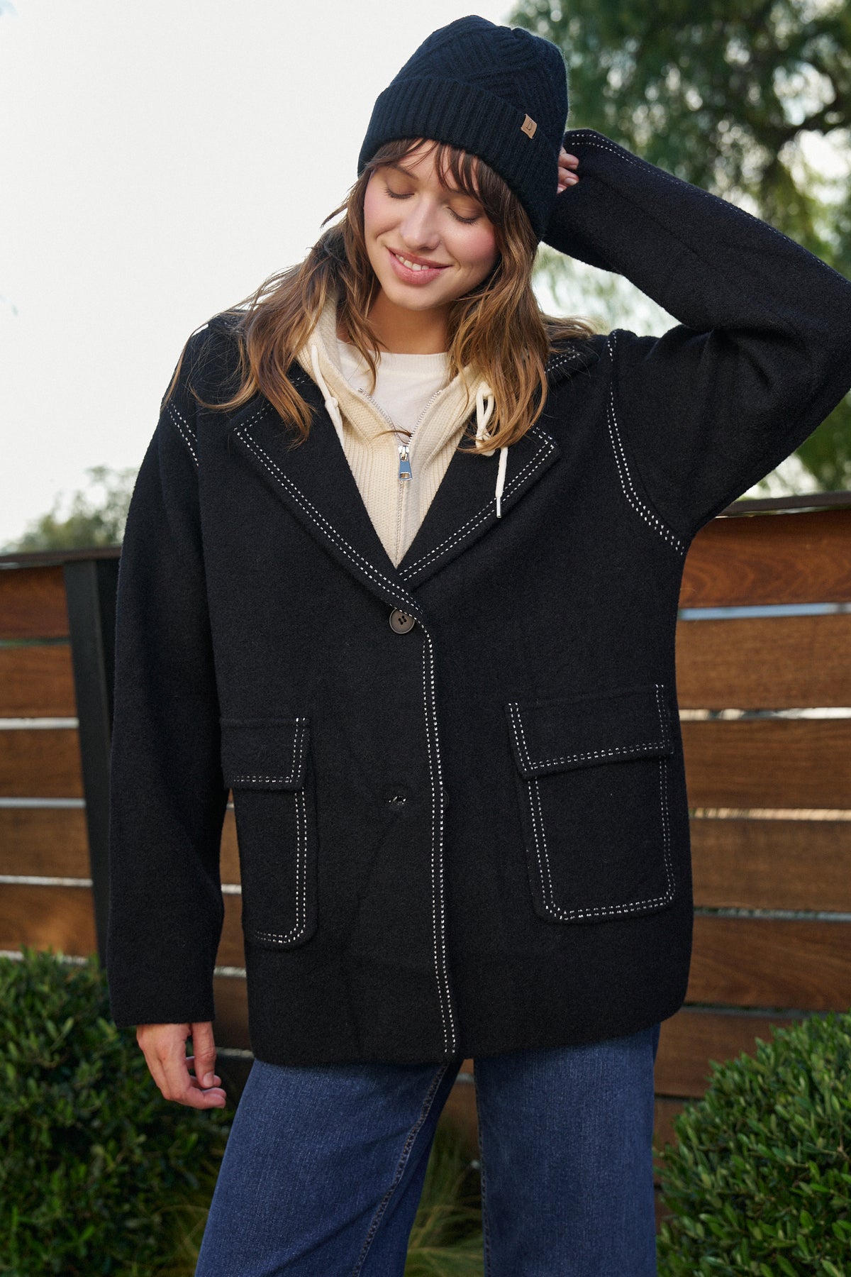 Wool Blend Knit Coat with Zip Hood