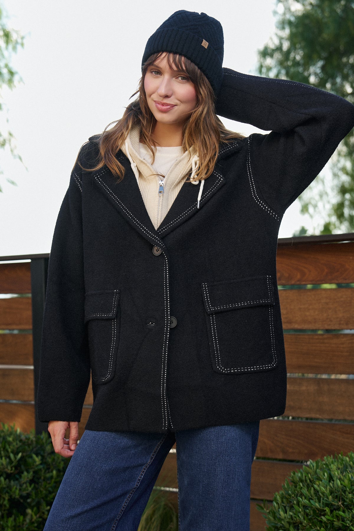 Wool Blend Knit Coat with Zip Hood