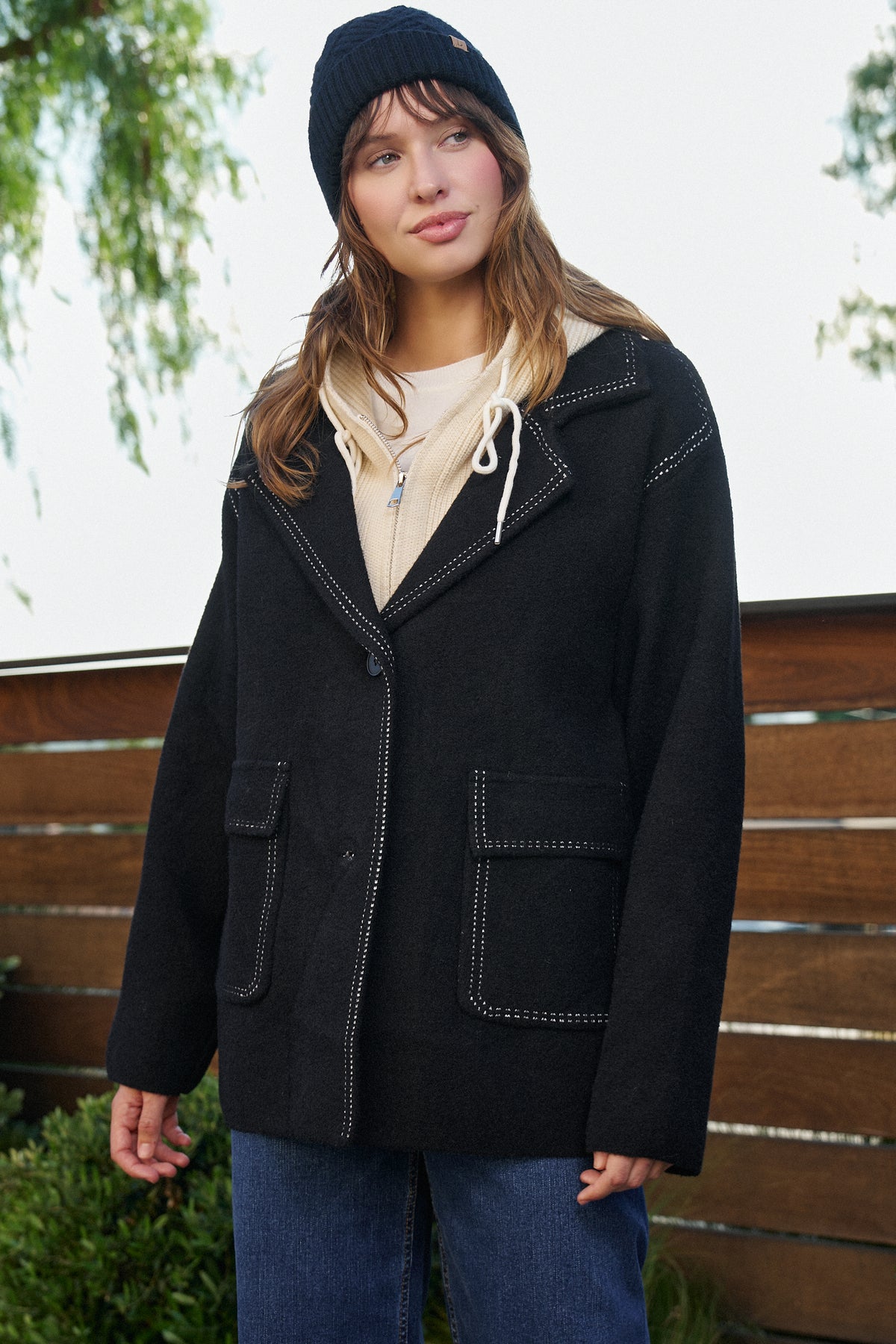 Wool Blend Knit Coat with Zip Hood