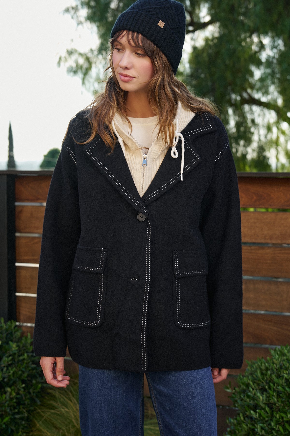 Wool Blend Knit Coat with Zip Hood