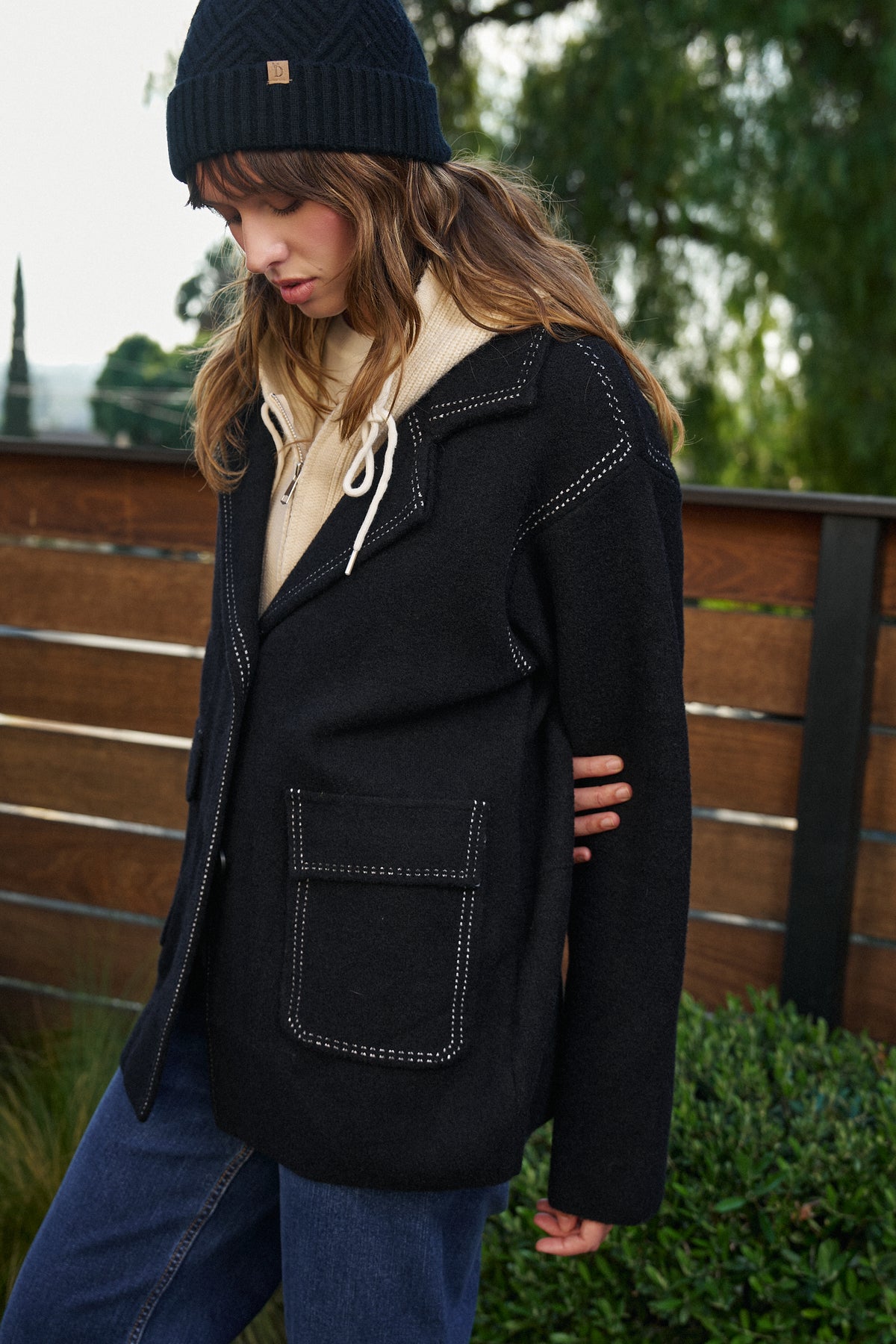 Wool Blend Knit Coat with Zip Hood