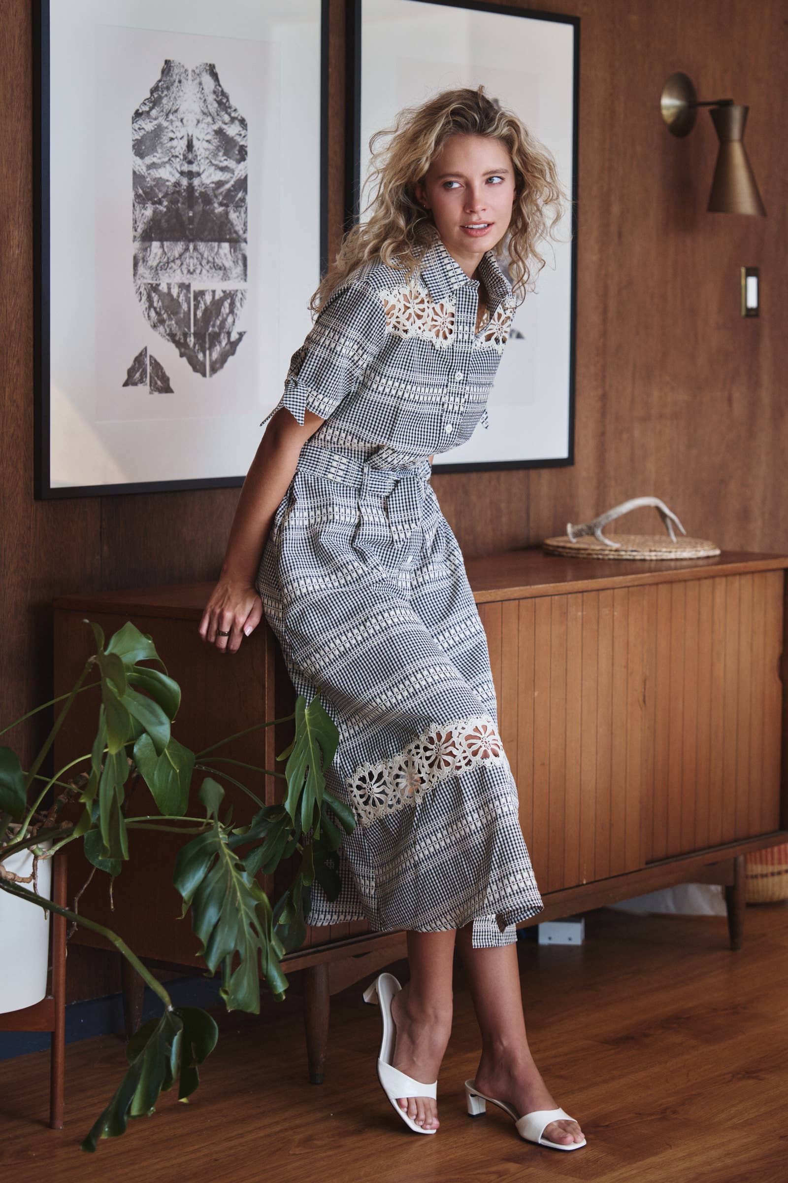 Gingham Cotton Shirt Dress Eyelet Embroidery