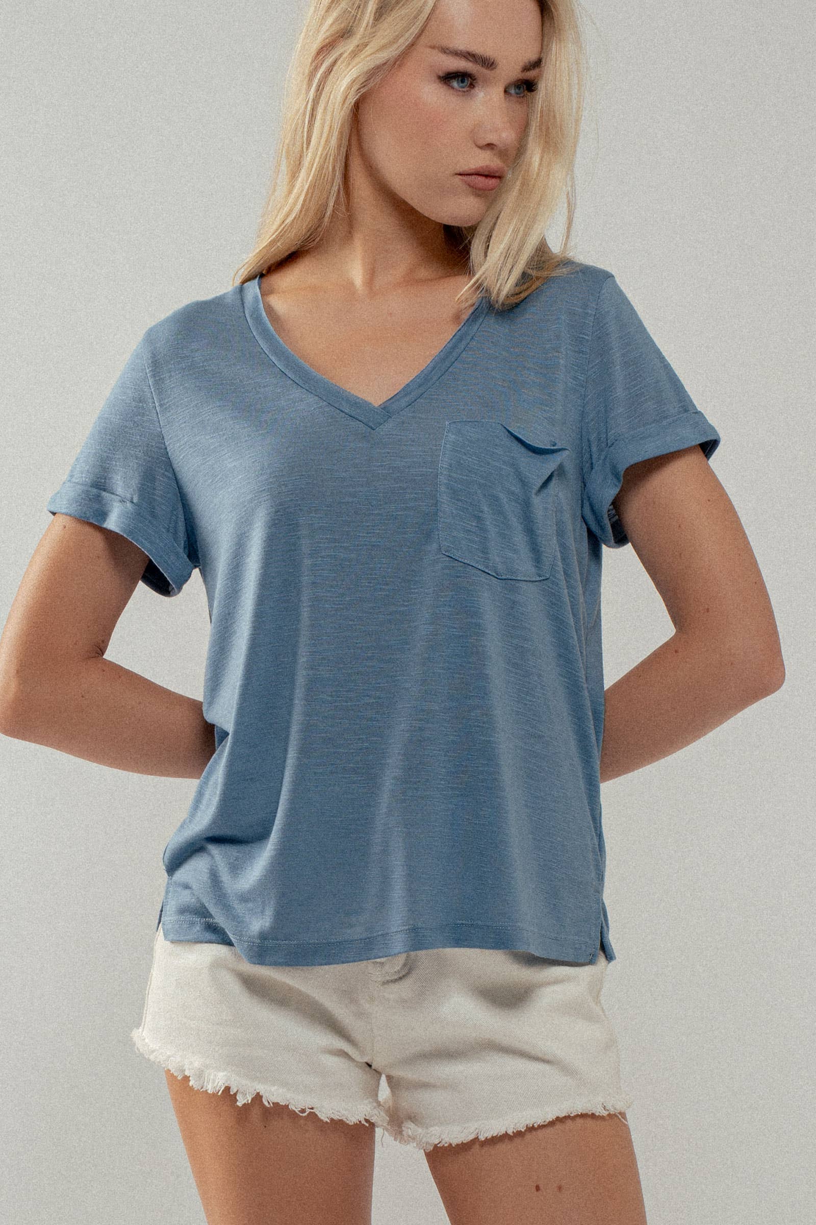 Rolled Sleeve V-Neck Pocket Tee