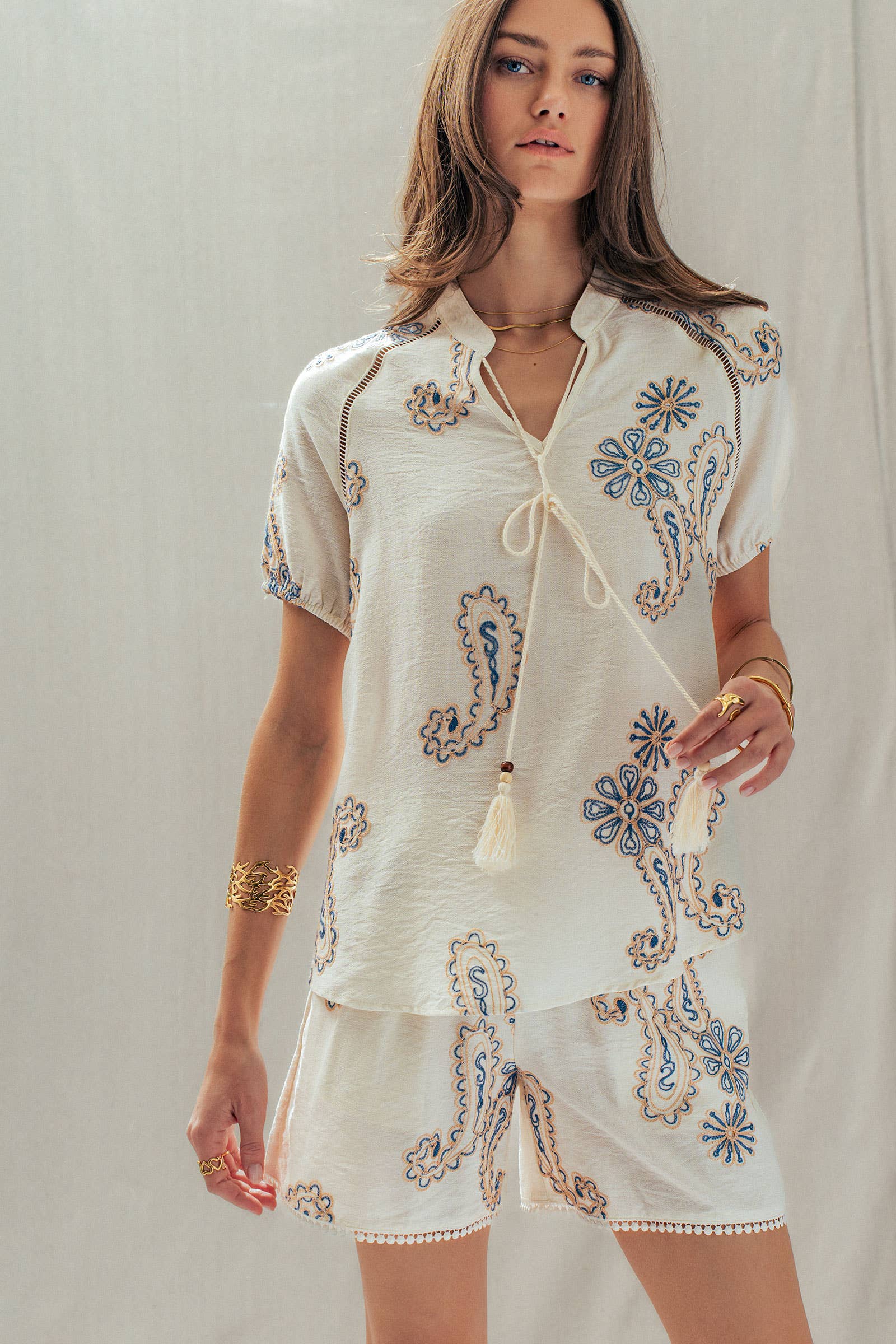 Paisley Embroidered Linen Blend Tassel Top
