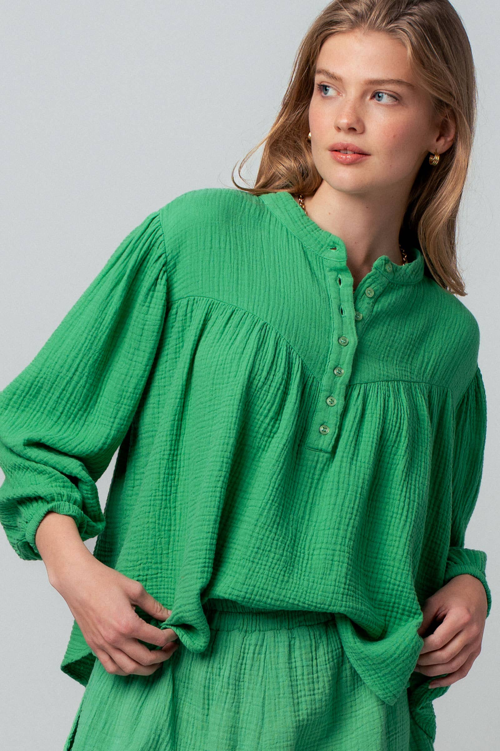 Garment Dyed Cotton Gauze Button Down Top And Shorts Set