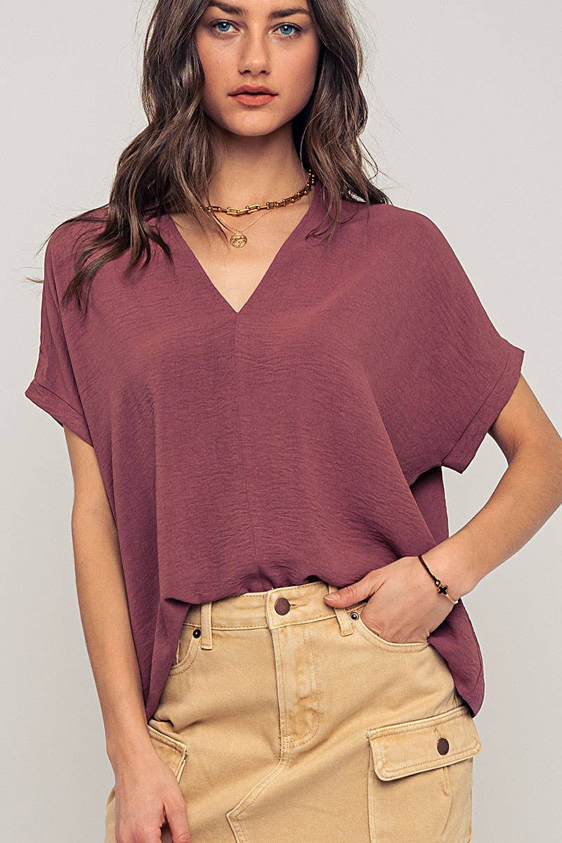 Urban Daizy Relaxed V-Neck Top with Folded Sleeves Ivory Blouse - Women's (UDZ-TP-00570) – alternate view 17