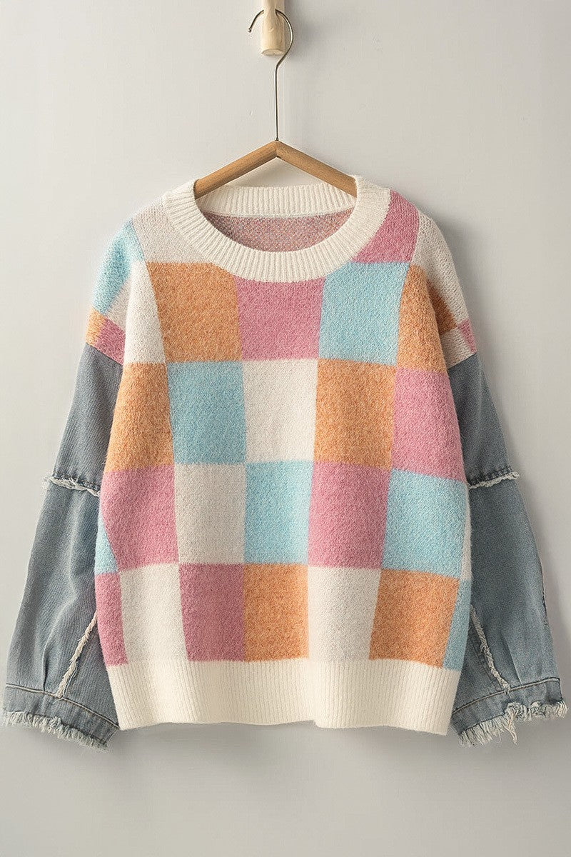 Checkered Denim Sleeve Crewneck Sweater