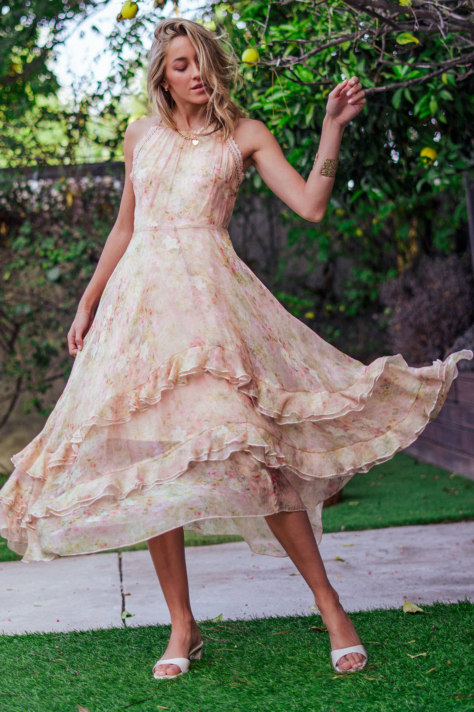 Floral Waterfall Ruffle Midi Dress Crochet Trim