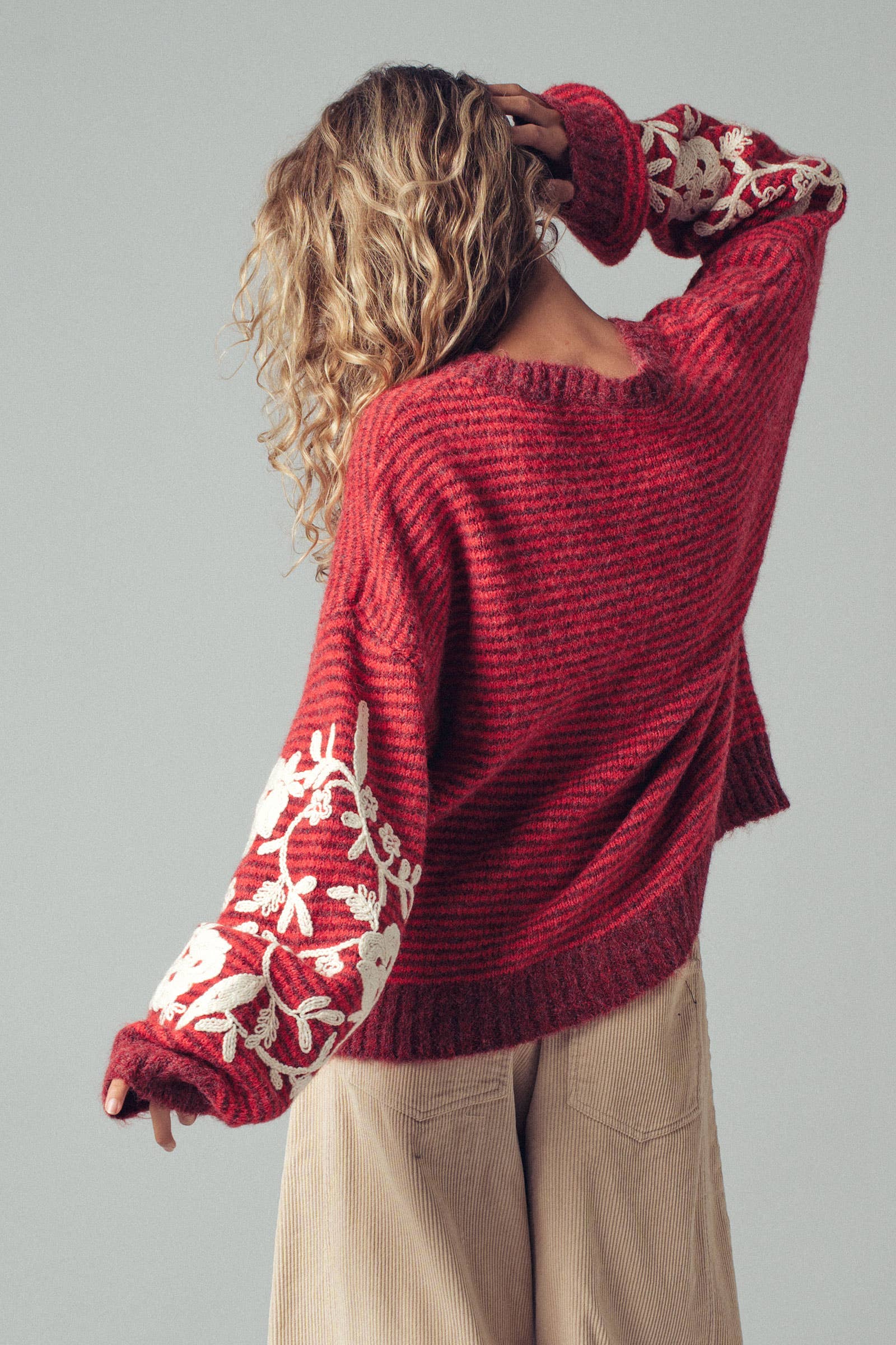 Urban Daizy Floral Embroidered Striped Knit Sweater Brown Knit Sweater - Women's (UDZ-TP-00814) – alternate view 6