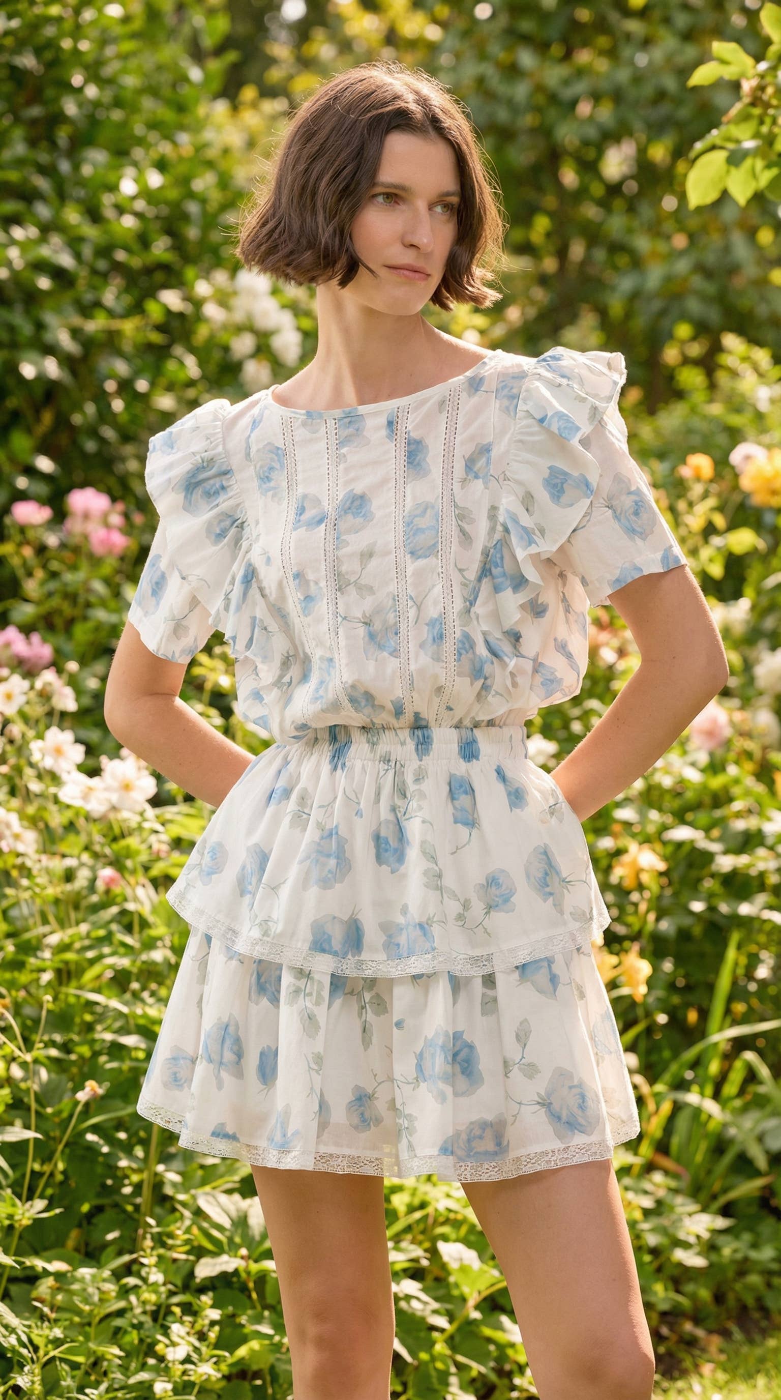 White Blue Floral Ruffle Sleeve Tiered Mini Dress