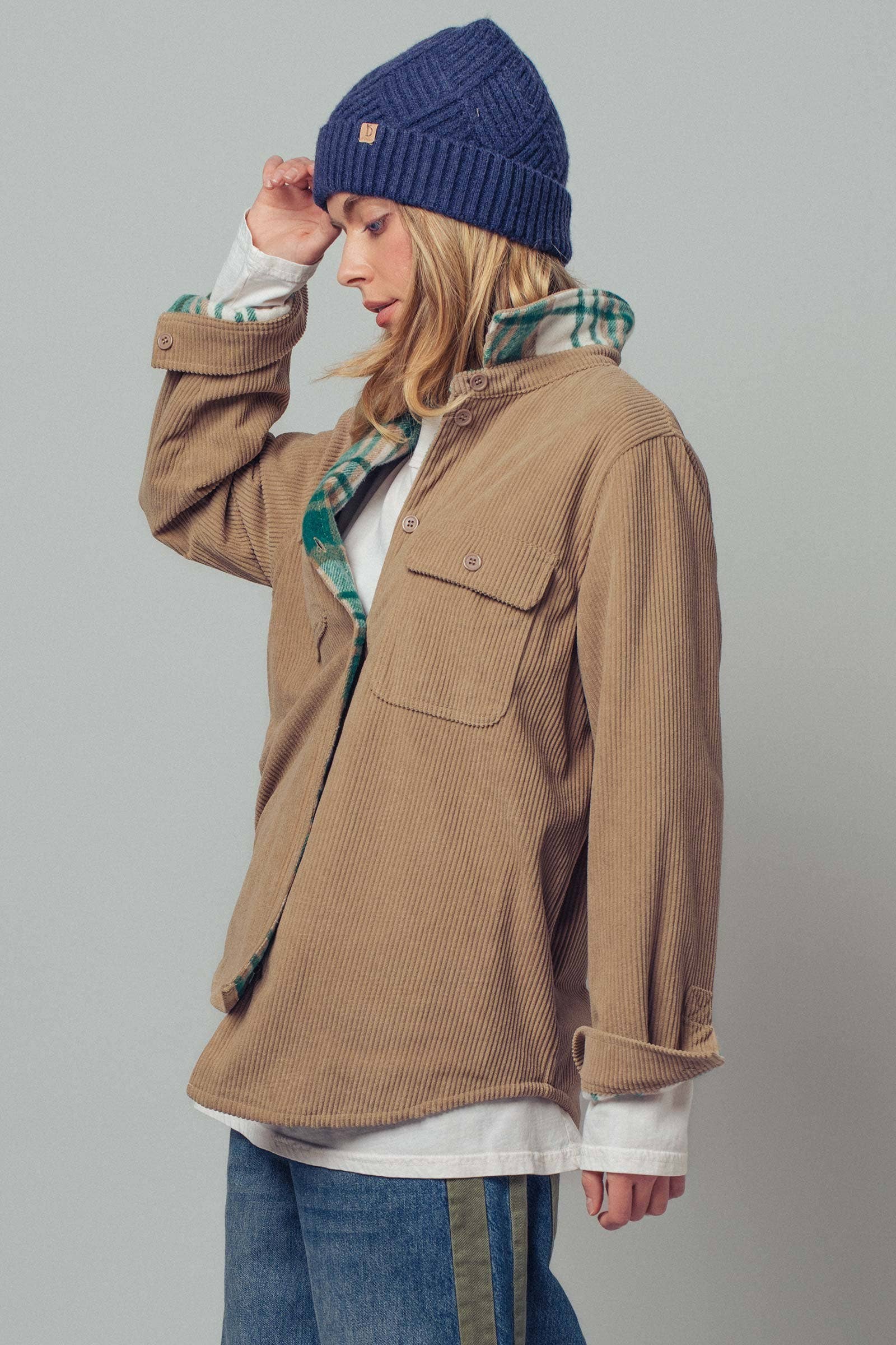 Urban Daizy Plaid Flannel-Lined Corduroy Shacket Taupe Shirt Jacket/Shacket - Women's (UDZ-KN-00150) – alternate view 14