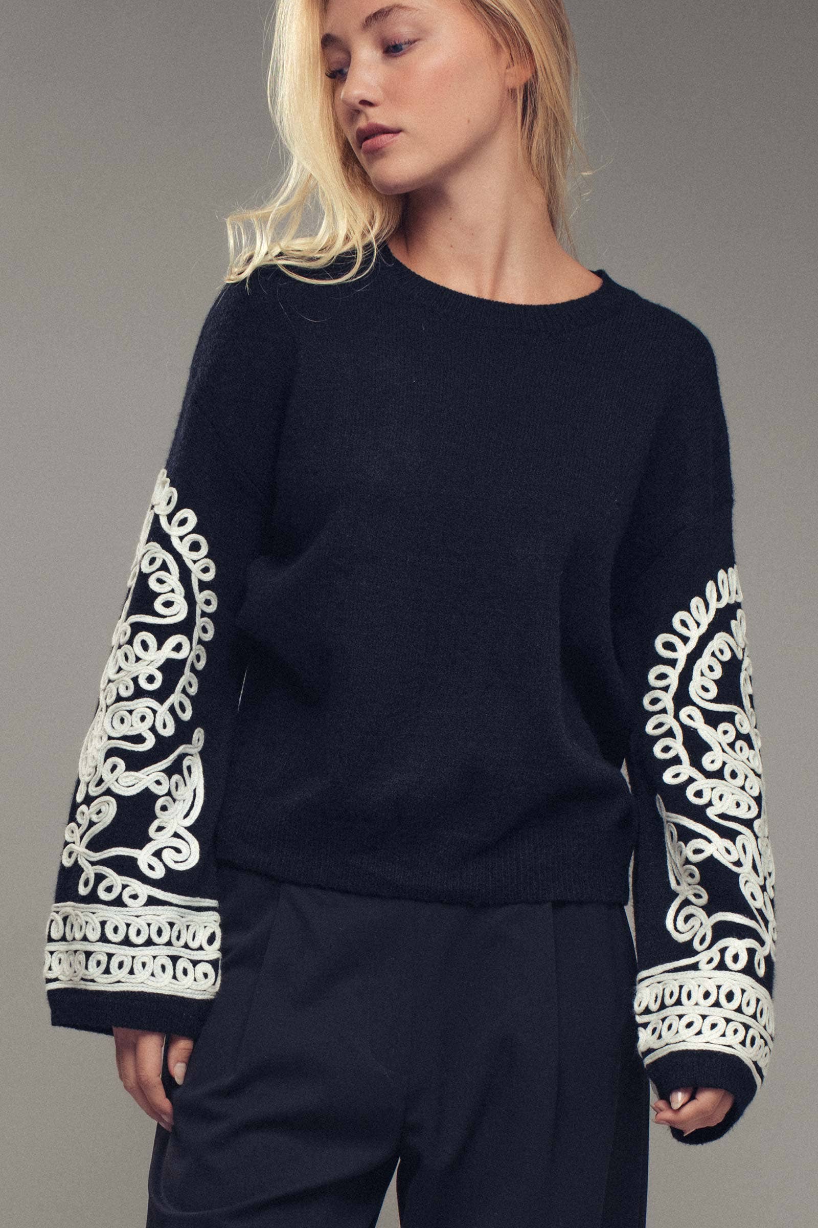 Urban Daizy Embroidered Sleeve Ivory Knit Sweater Ivory-Black Knit Sweater - Women's (UDZ-KN-00654) – alternate view 4