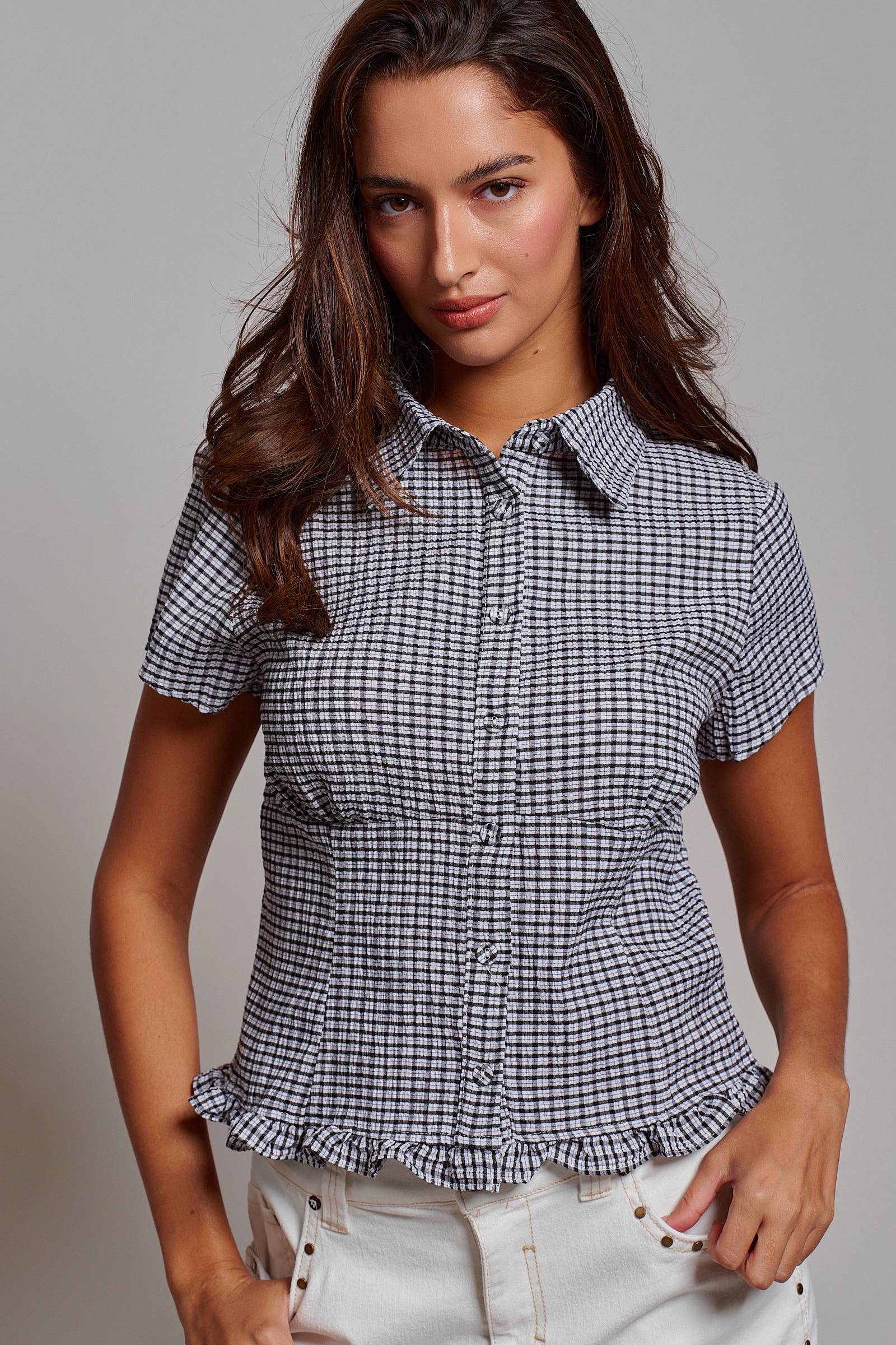 Crinkle Gingham Short Sleeve Peplum Blouse
