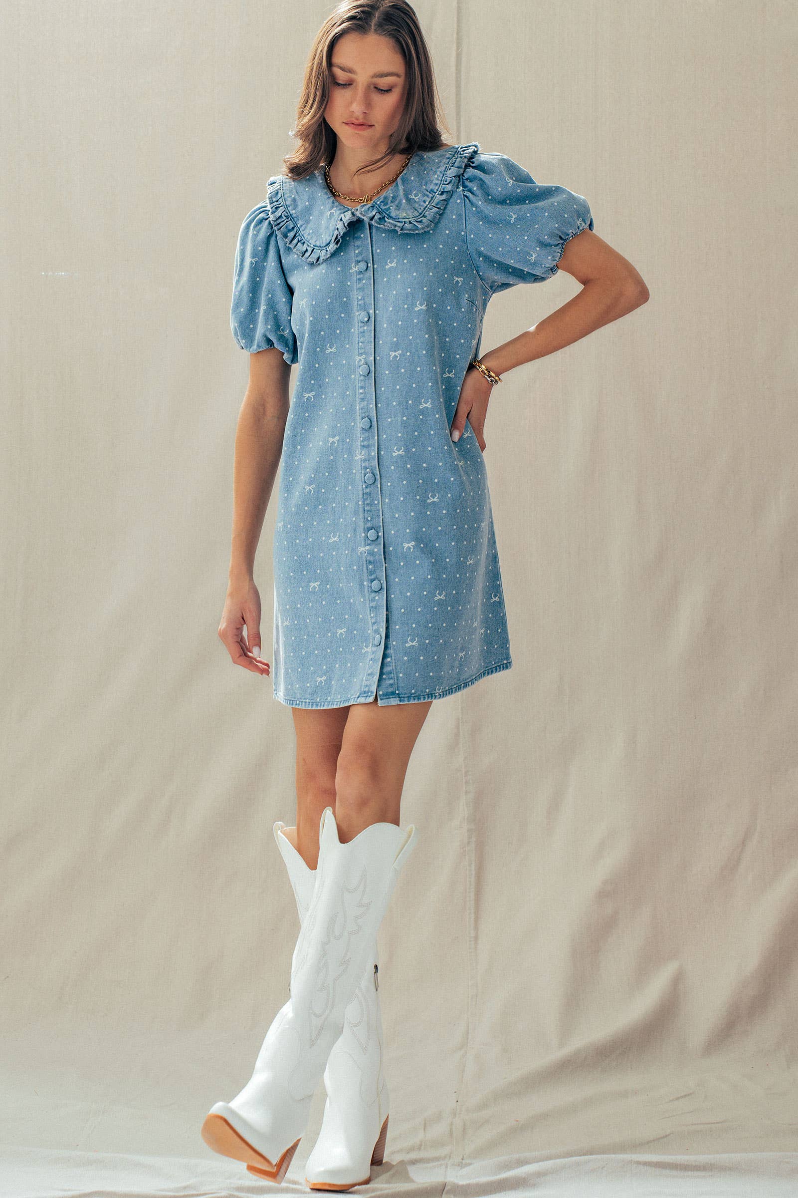 Bow Print Denim Mini Dress Ruffle Collar