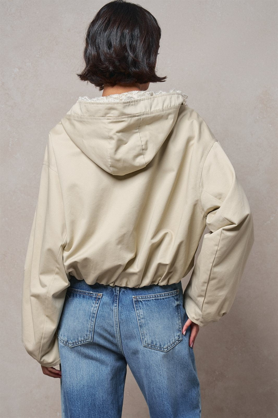Oversized Hooded Zip-Front Cotton Jacket in KHAKI - Women's Jackets & Blazers | Urban Daizy