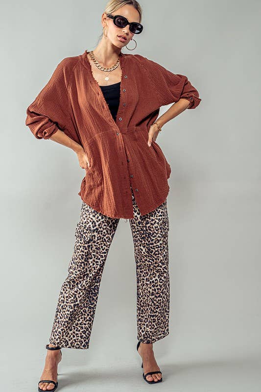 Urban Daizy PREMIUM SOFT FRAYED HEM GAUZE VINTAGE WASHED SHIRT Forest-Green Button Down Shirt - Women's (UDZ-TP-00225) –…