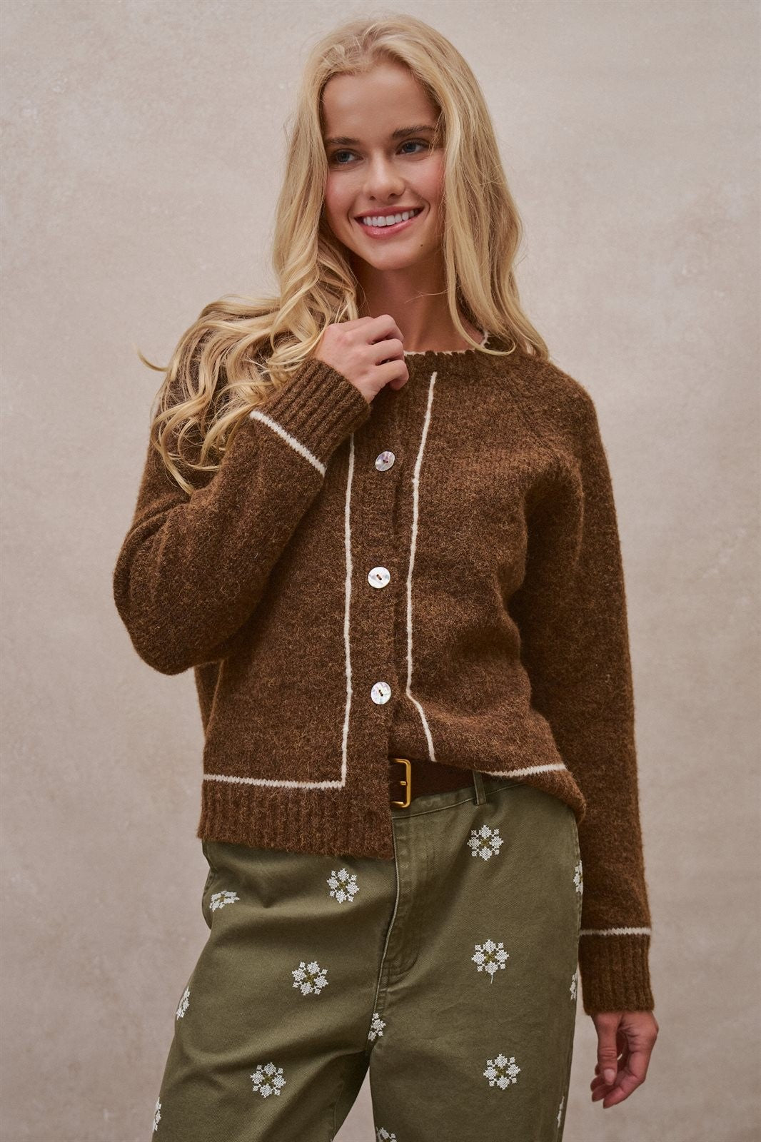 Wool Blend Sweater Cardigan with Statement Buttons in BROWN - Women's Cardigans & Shrugs | Urban Daizy