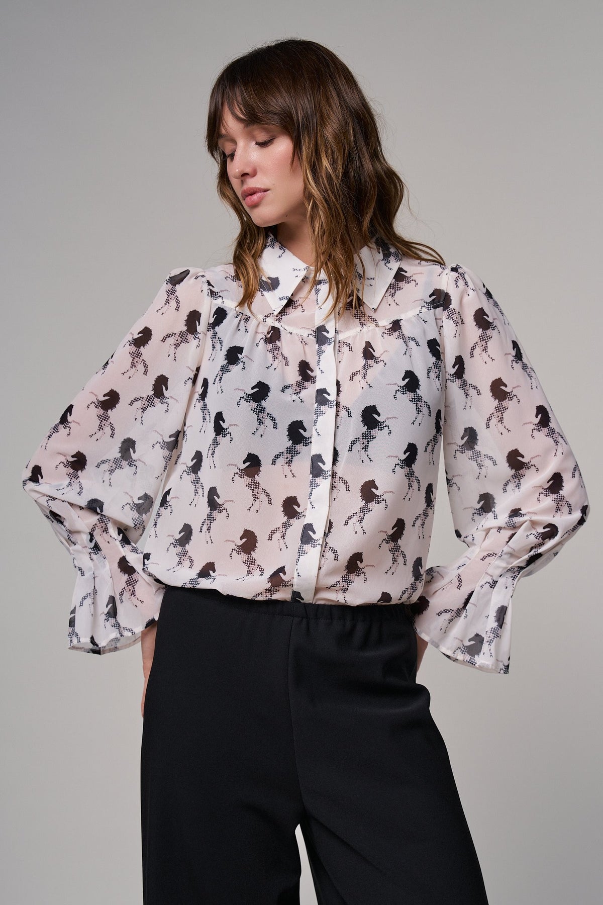 Midnight Stallion Blouse in IVORY BLACK - Women's Shirts & Blouses | Urban Daizy
