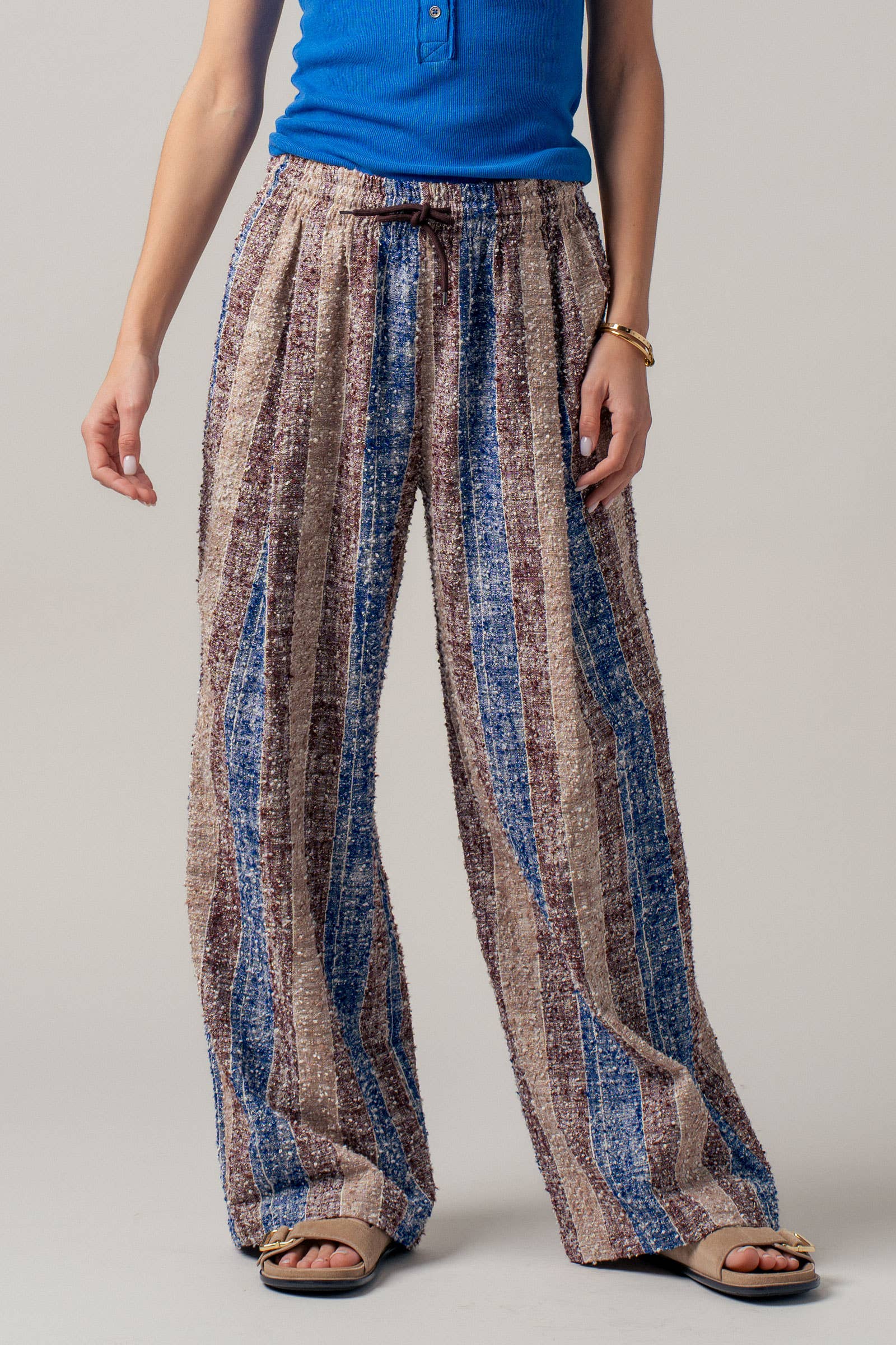 Urban Daizy Striped Textured Cotton Wide Leg Pants Blue-Multi Pants - Women's (UDZ-PT-00478)