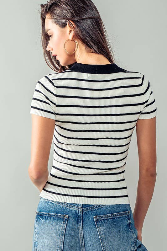 Urban Daizy Ribbed Stripe V-Neck Knit Top Ivory Knit Top - Women's (UDZ-TP-00562) – alternate view 6