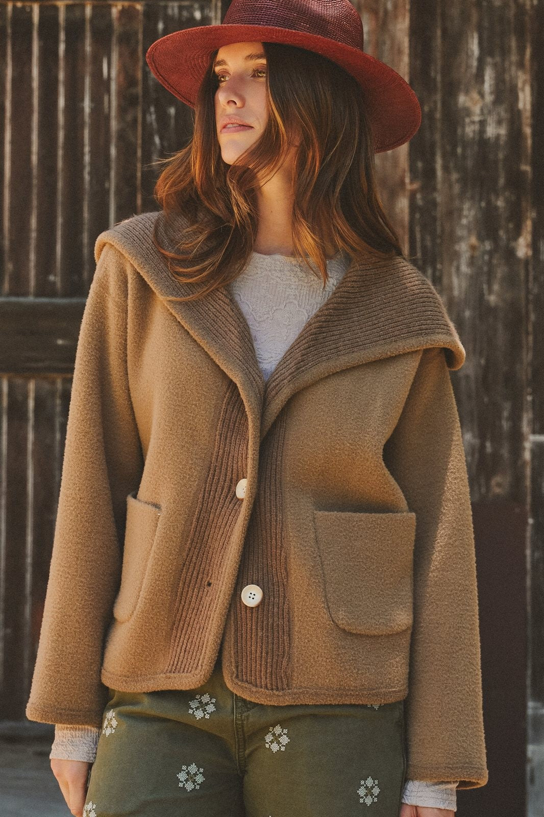 Hooded Button-Front Wool Blend Short Jacket in CAMEL - Women's Jackets & Blazers | Urban Daizy