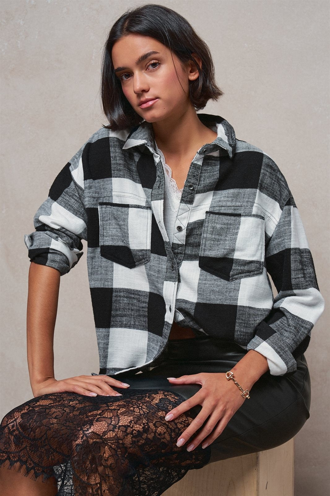 Buffalo Plaid Flannel Shirt Button Up Western Boho Top in BLACK - Women's Shirts & Blouses | Urban Daizy