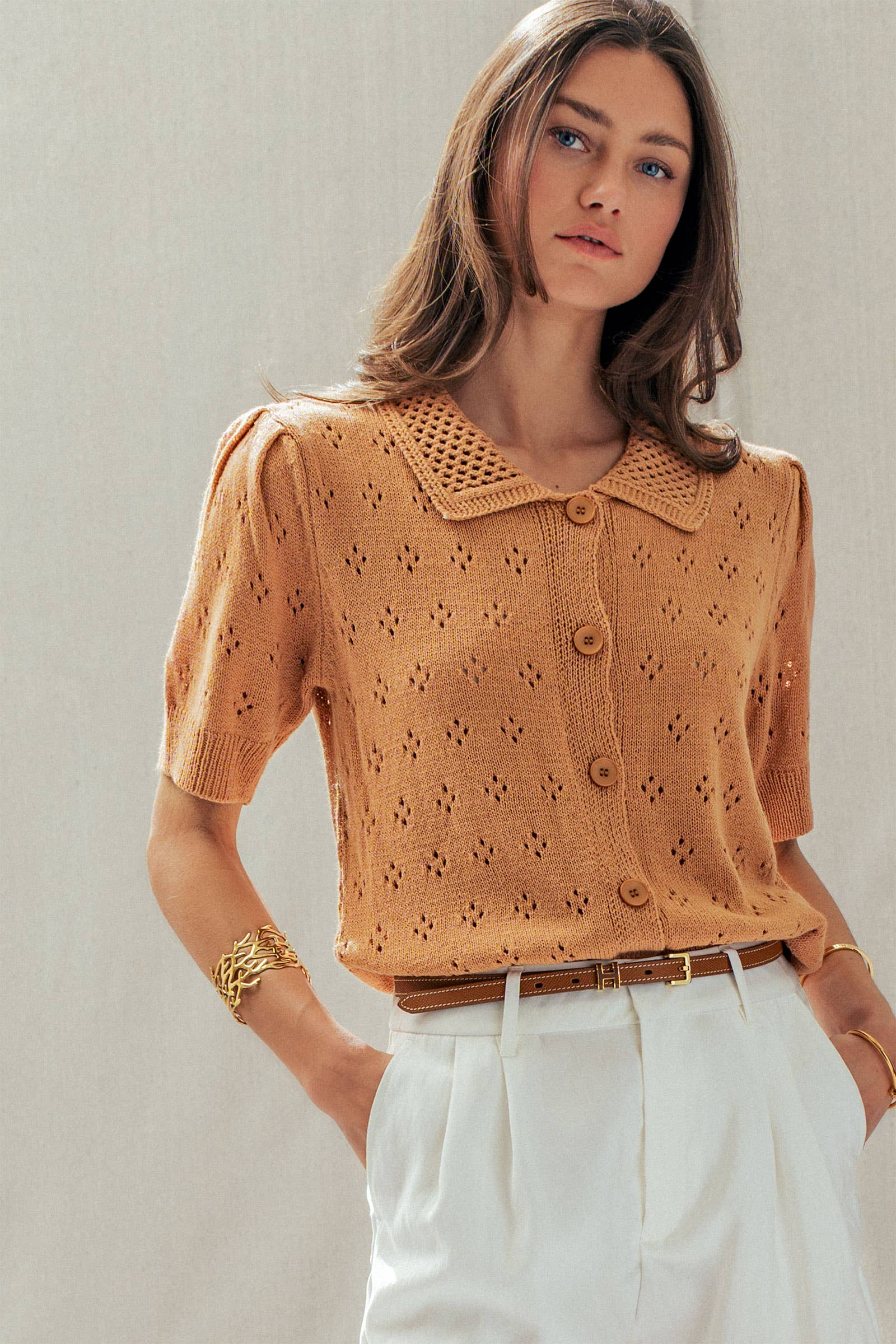 Urban Daizy Pointelle Knit Puff Sleeve Collared Cardigan Warm-Camel Cardigan - Women's (UDSW0345-Warm-Camel) – alternate view 2