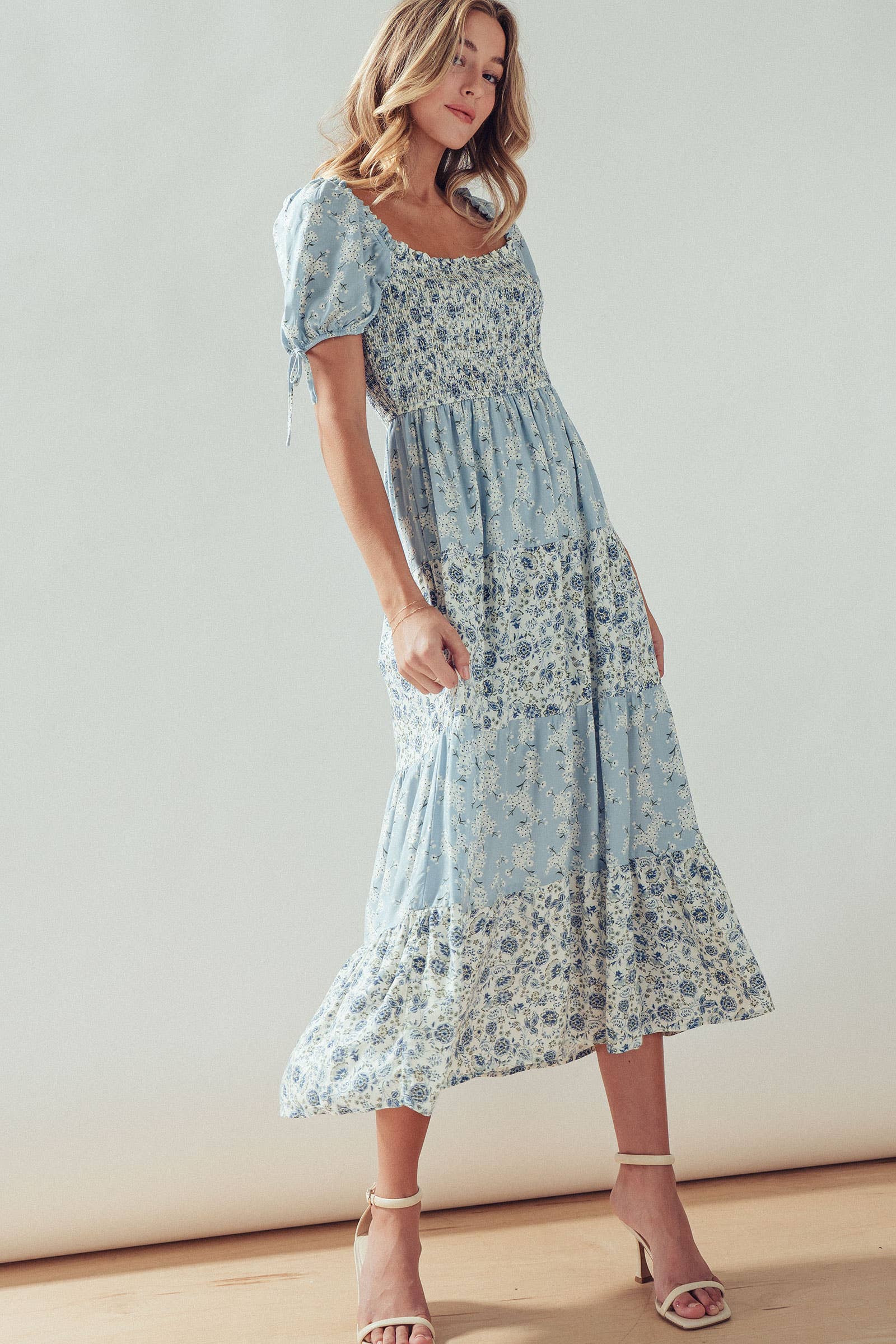 Smocked Floral Print Tiered Midi Dress