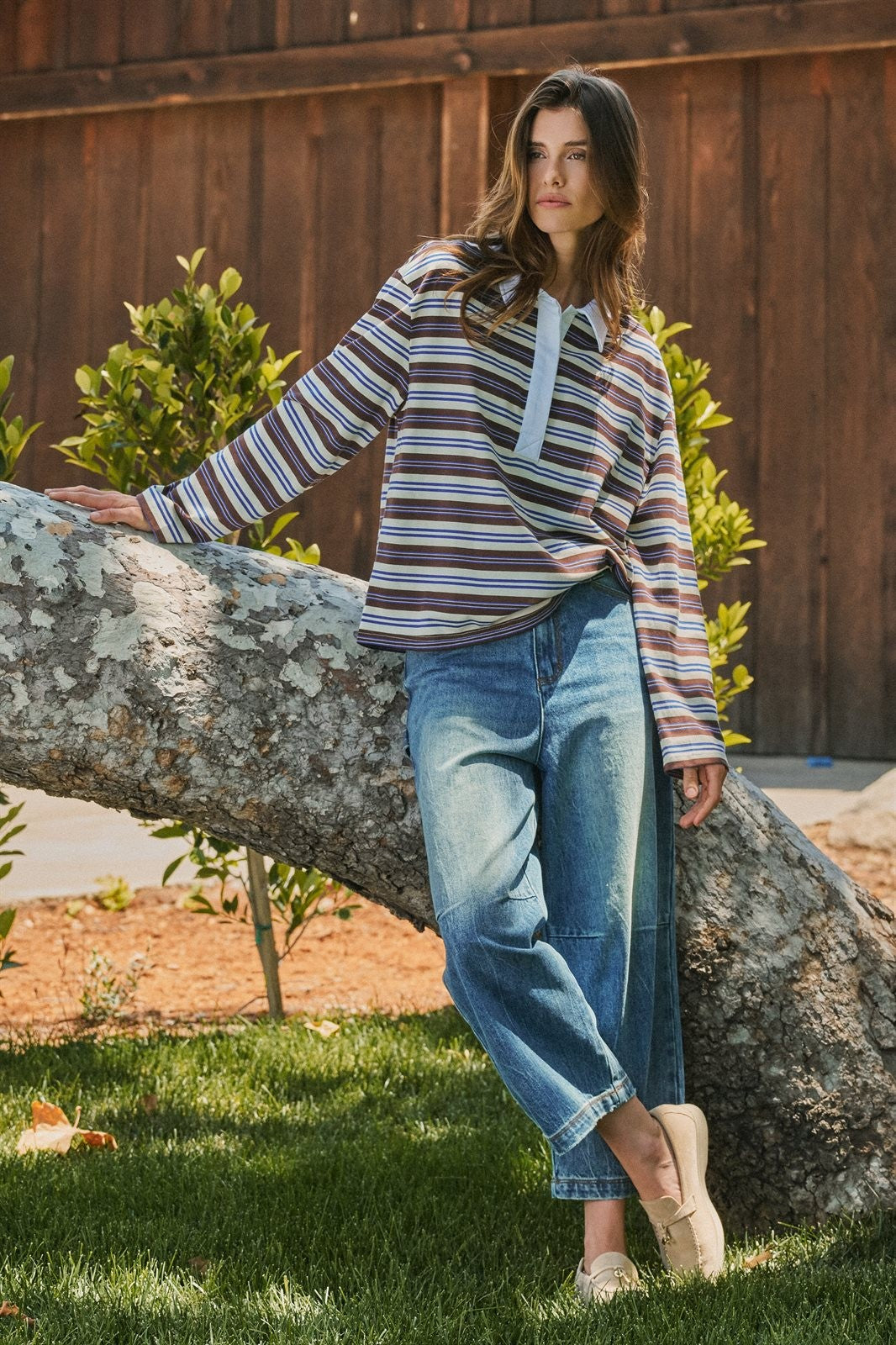 Striped Rugby Polo Long Sleeve Knit Top with Contrast Collar in IVORY BROWN - Women's T-Shirts & Polos | Urban Daizy