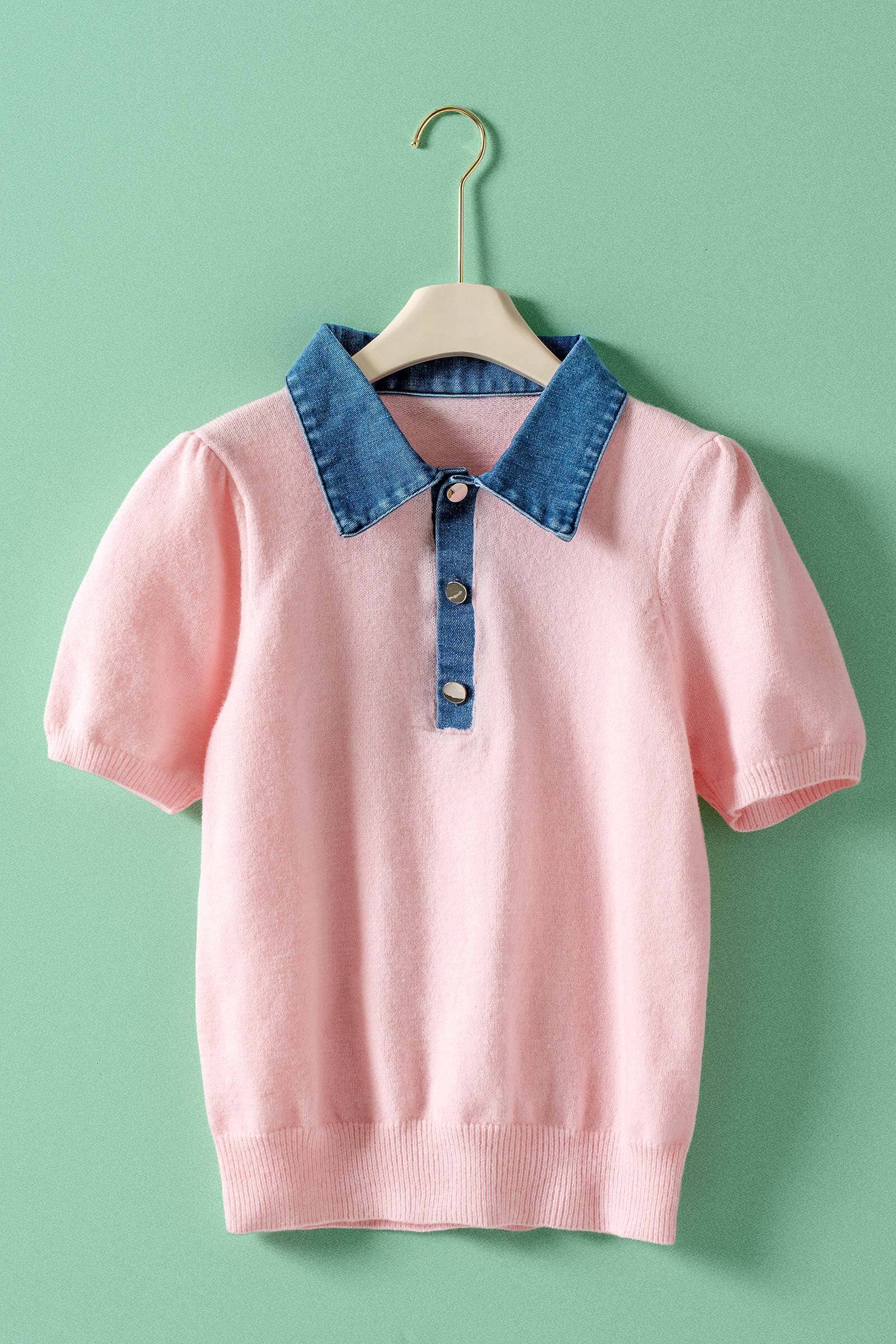 Contrast Denim Collar Knit Sweater Top