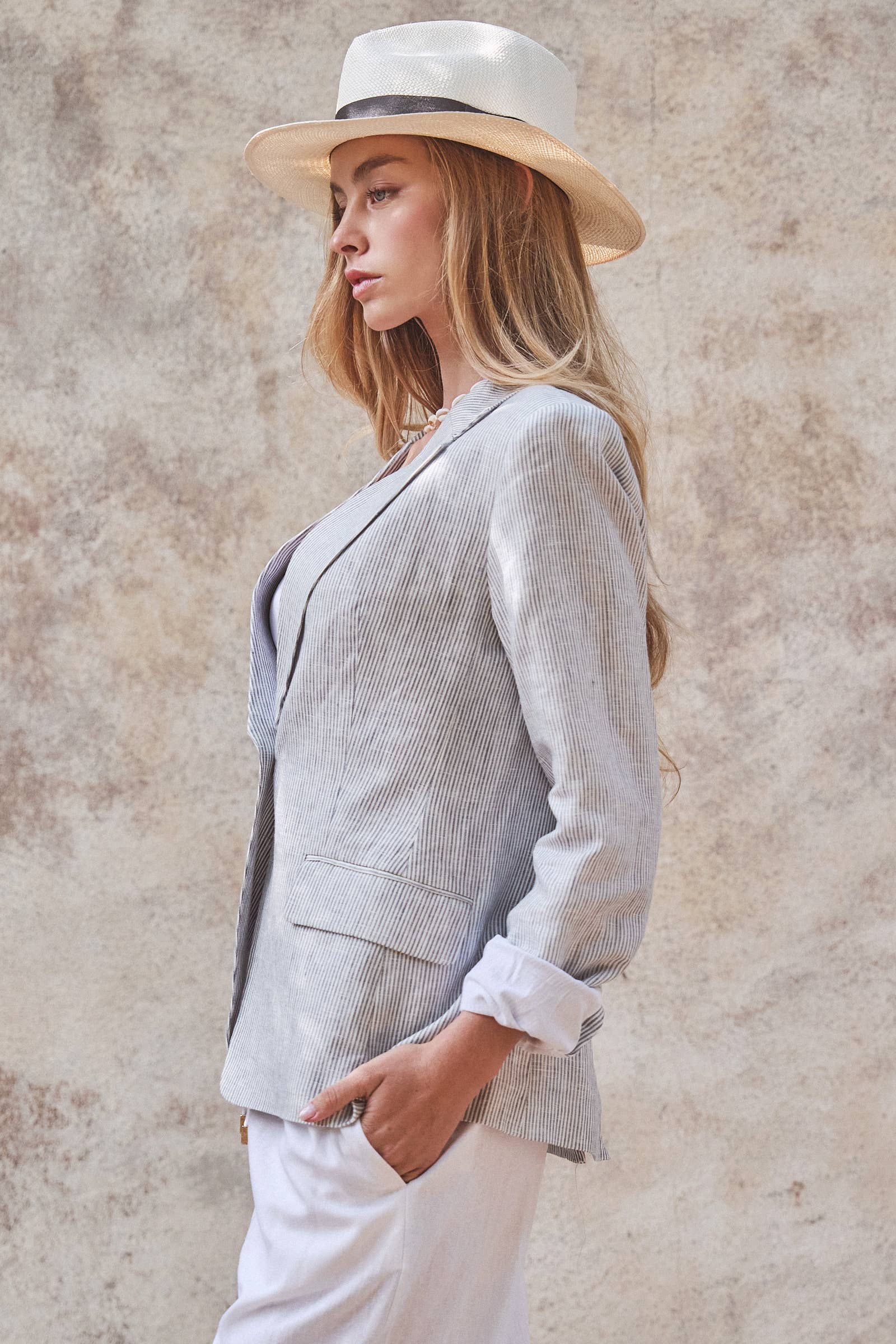 Urban Daizy Linen Single-Button Tailored Blazer Lt-Blue Jacket - Women's (UDOW0305-Lt-Blue) – alternate view 4
