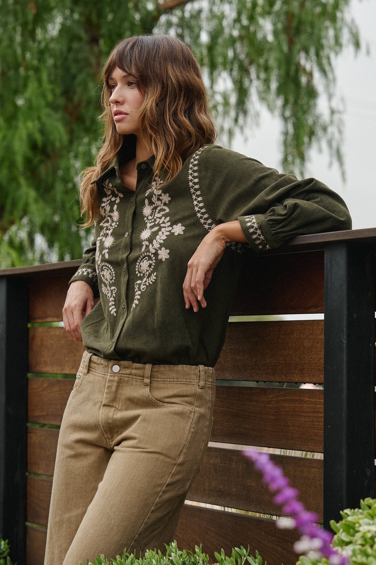 Embroidered Corduroy Western Shirt with Floral Stitch in OLIVE - Women's Shirts & Blouses | Urban Daizy