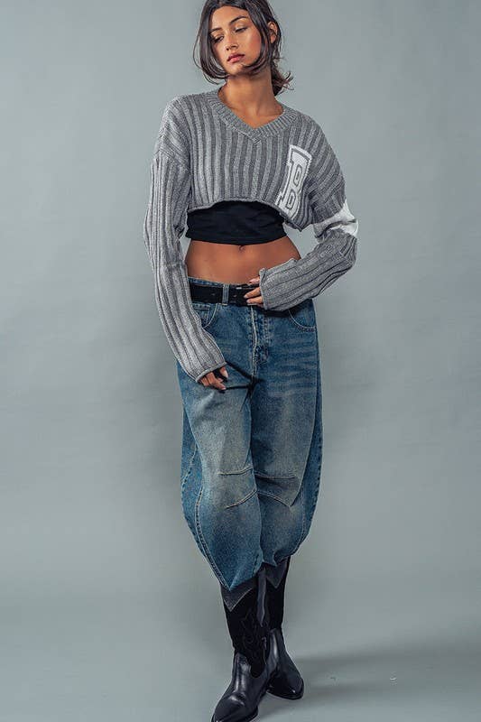 Urban Daizy Cropped Ribbed Knit V-Neck Sweater H-Grey Knit Top - Women's (UDZ-TP-00637) – alternate view 15