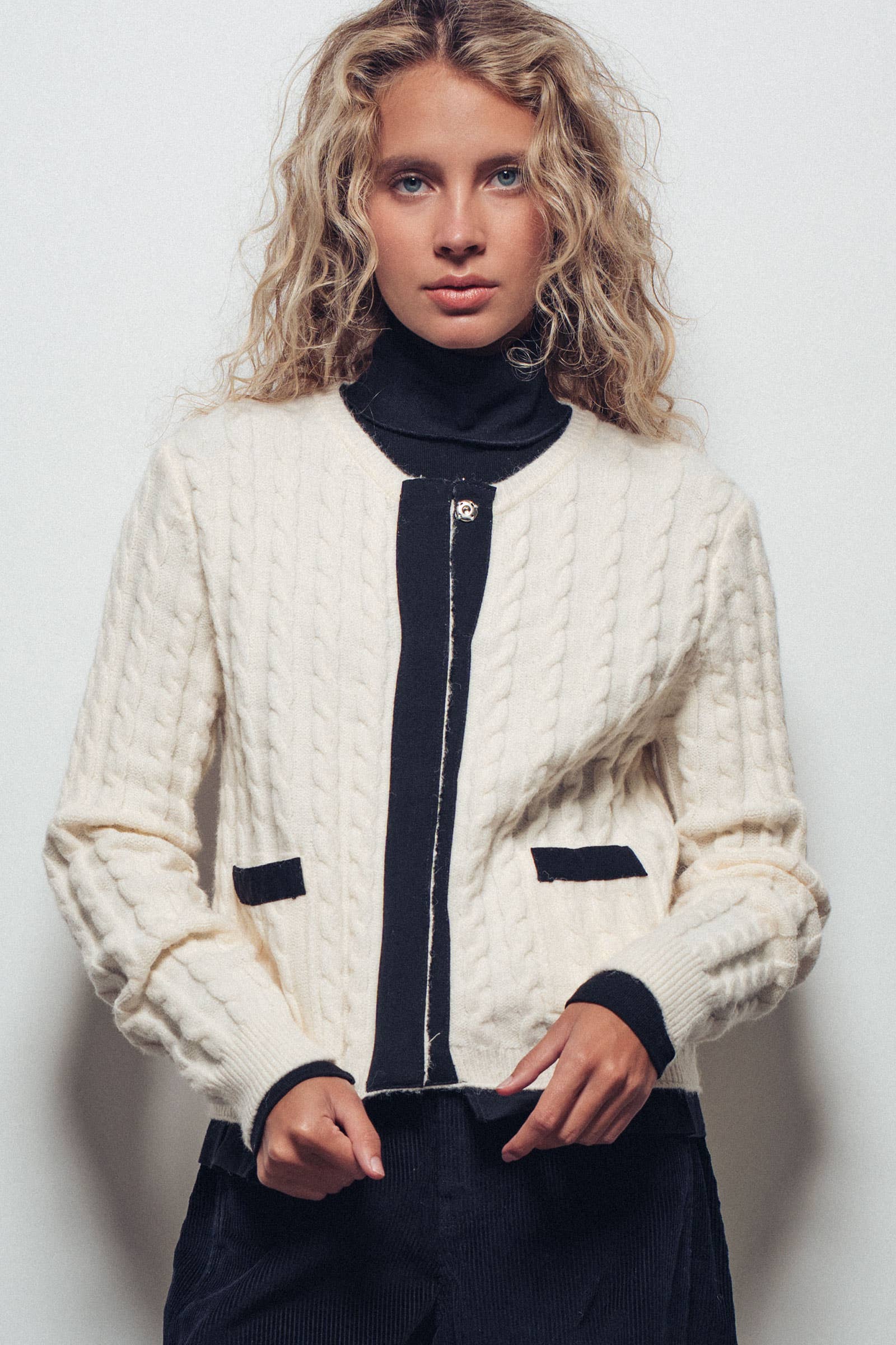 Urban Daizy Cable Knit Snap Front Ribbed Trim Long Sleeve Sweater Ivory Cardigan - Women's (UDZ-KN-00628) – alternate view 2