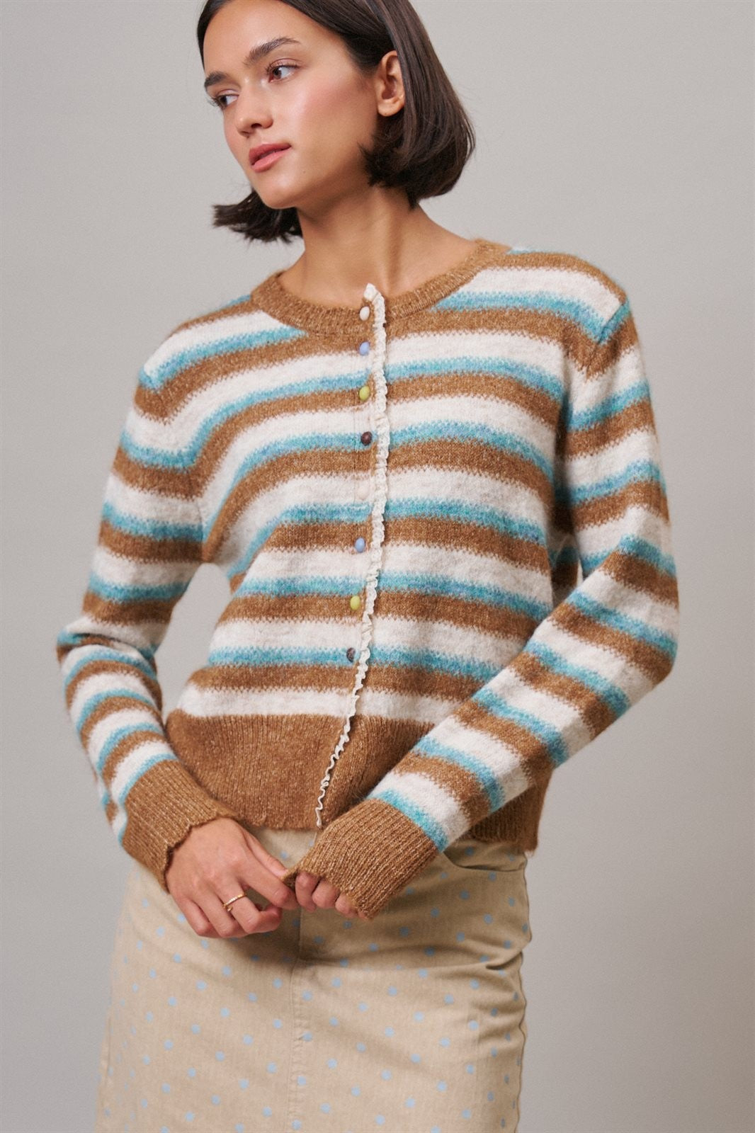 Lace Trim Striped Cardigan Coastal Grandma Preppy for Women in BROWN BLUE - Women's Cardigans & Shrugs | Urban Daizy