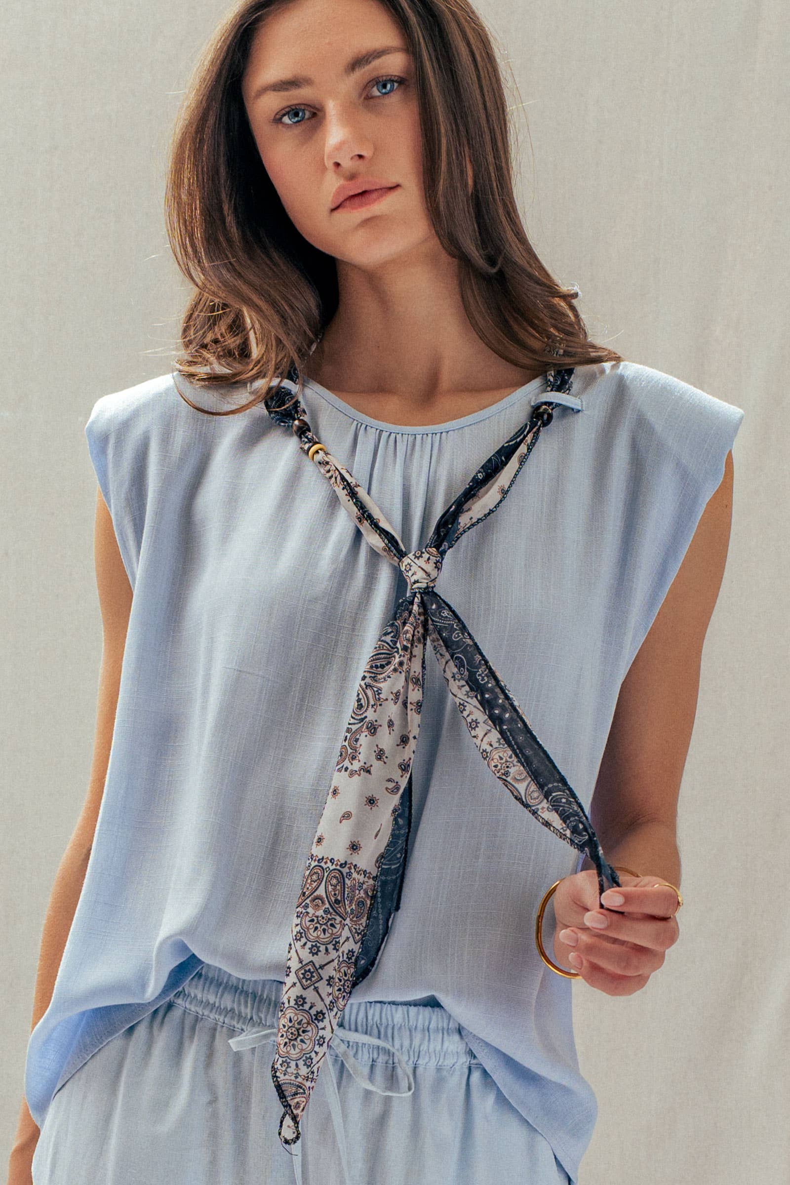 Paisley Scarf Tie Linen Blend Muscle Top