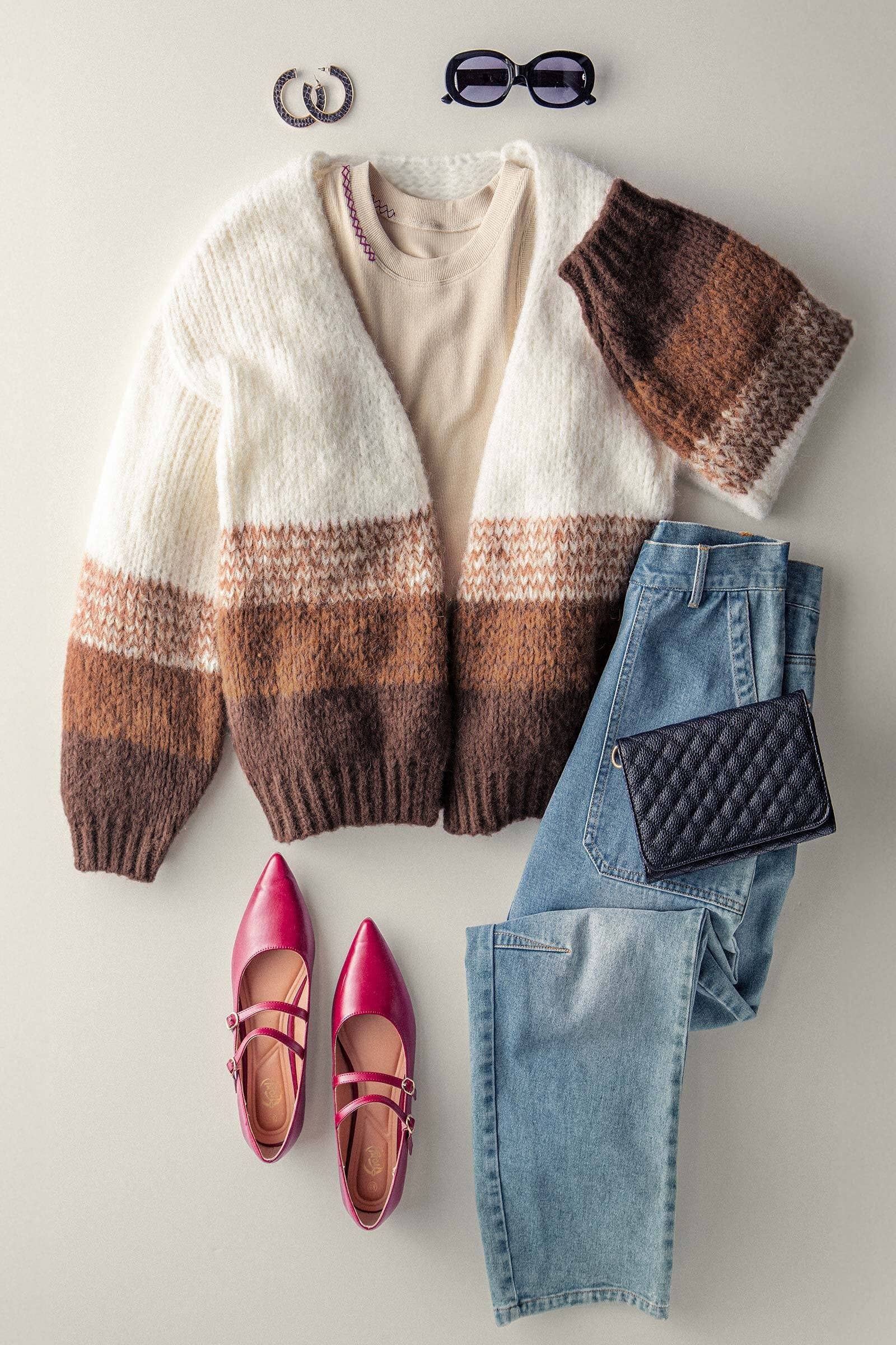 Warm Earthy Colorblock Chunky Knit Cardigan