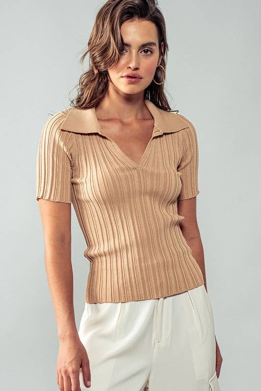 Urban Daizy Rib Knit Wing Collar Short Sleeve Top Taupe Knit Top - Women's (UDZ-TP-00052) – alternate view 7