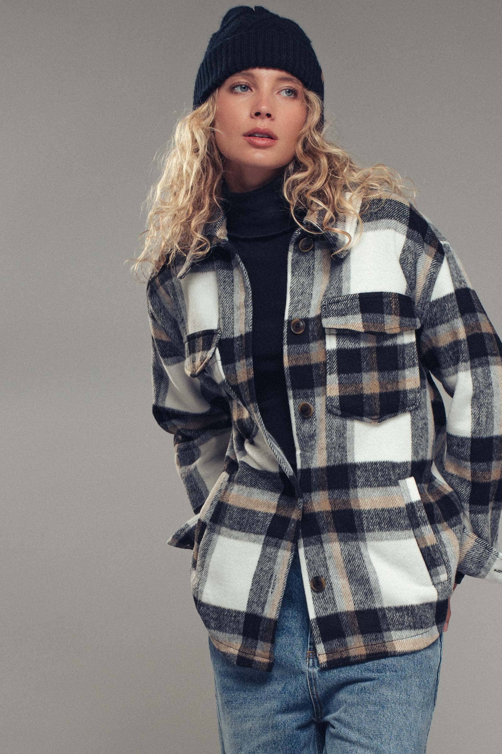 Urban Daizy Plaid Button-Down Jacket Black Shirt Jacket Shacket - Women's (UDZ-OT-00051) – alternate view 5