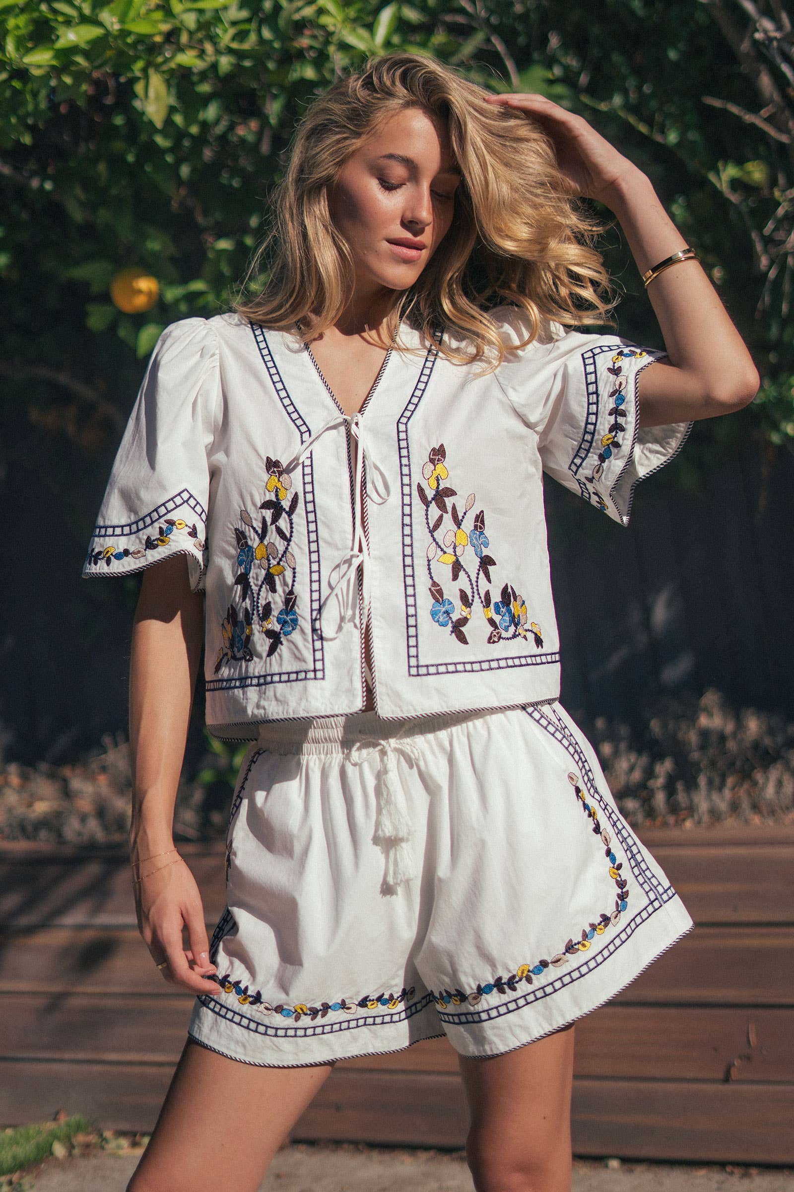Floral Embroidered Drawstring Cotton Shorts