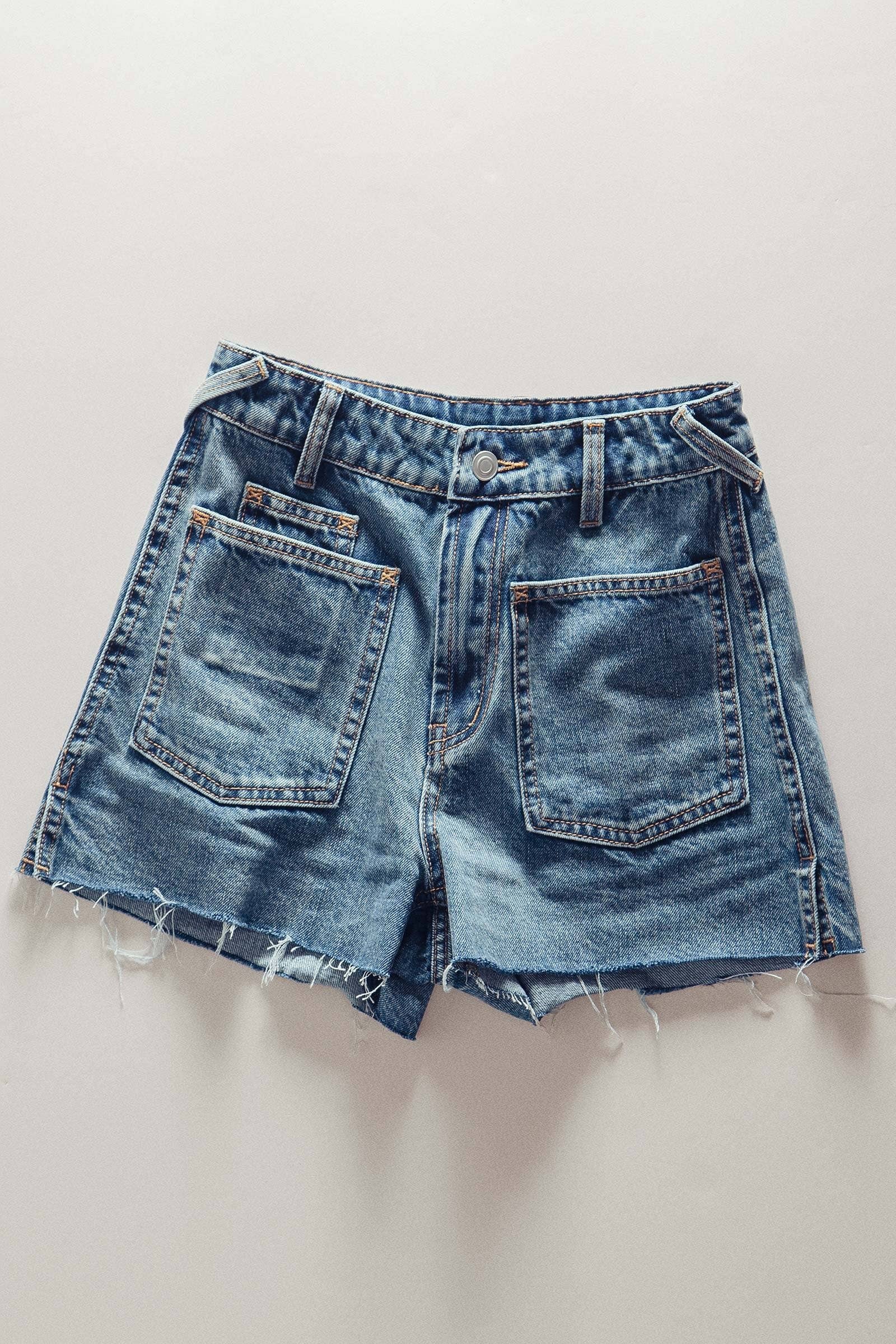 Urban Daizy High Rise Patch Pocket Raw Hem Denim Shorts Denim-Blue Shorts - Women's (UDZ-PT-00446)