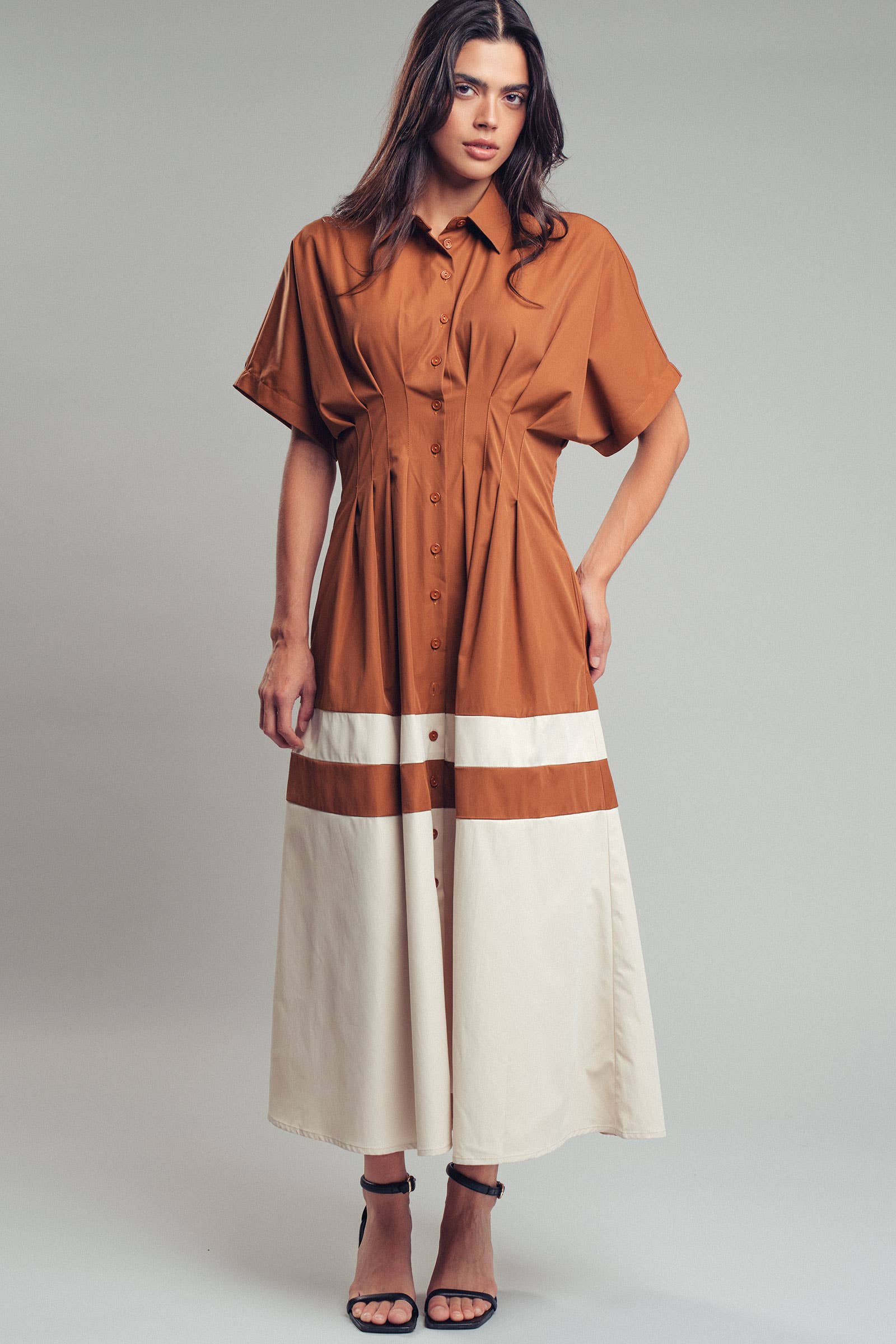 Colorblock Button-Up Cotton Midi Dress