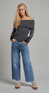 Off-Shoulder Striped Knit Top with Button Cuffs in BLACK - Women's Sweaters | Urban Daizy