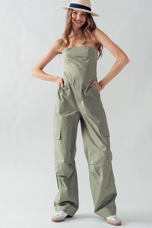 Urban Daizy Strapless Wide Leg Cargo Pocket Artisanal Jumpsuit Moss Jumpsuit - Women's (UDZ-JR-00002) – alternate view 7