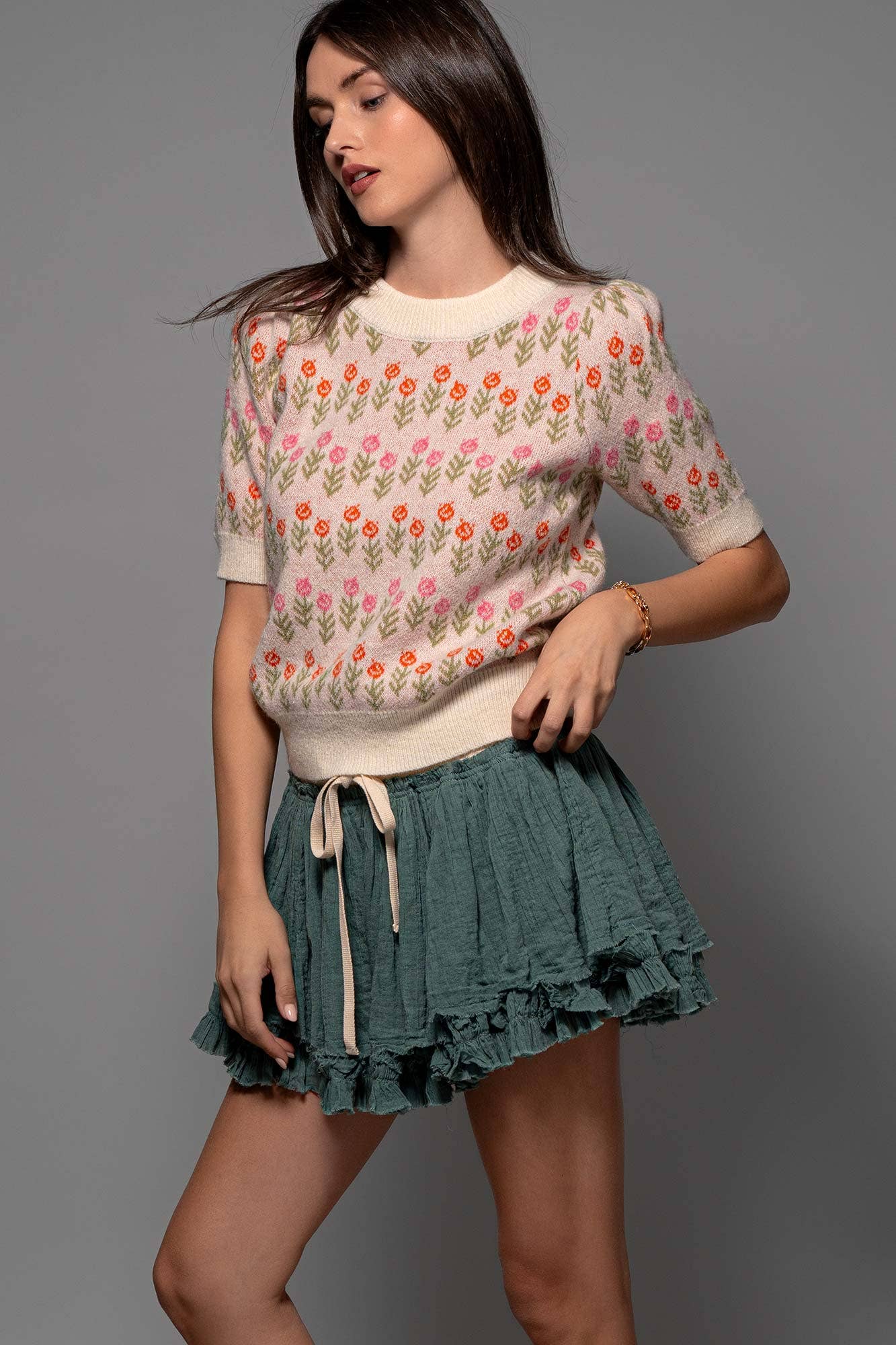 Urban Daizy Floral Print Crew Neck Knit Sweater Green Knit Top - Women's (UDZ-KN-00522) – alternate view 13