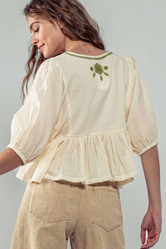 Urban Daizy Boho Embroidered Puff Sleeve Ruffle Blouse White Blouse - Women's (UDZ-TP-00705) – alternate view 4