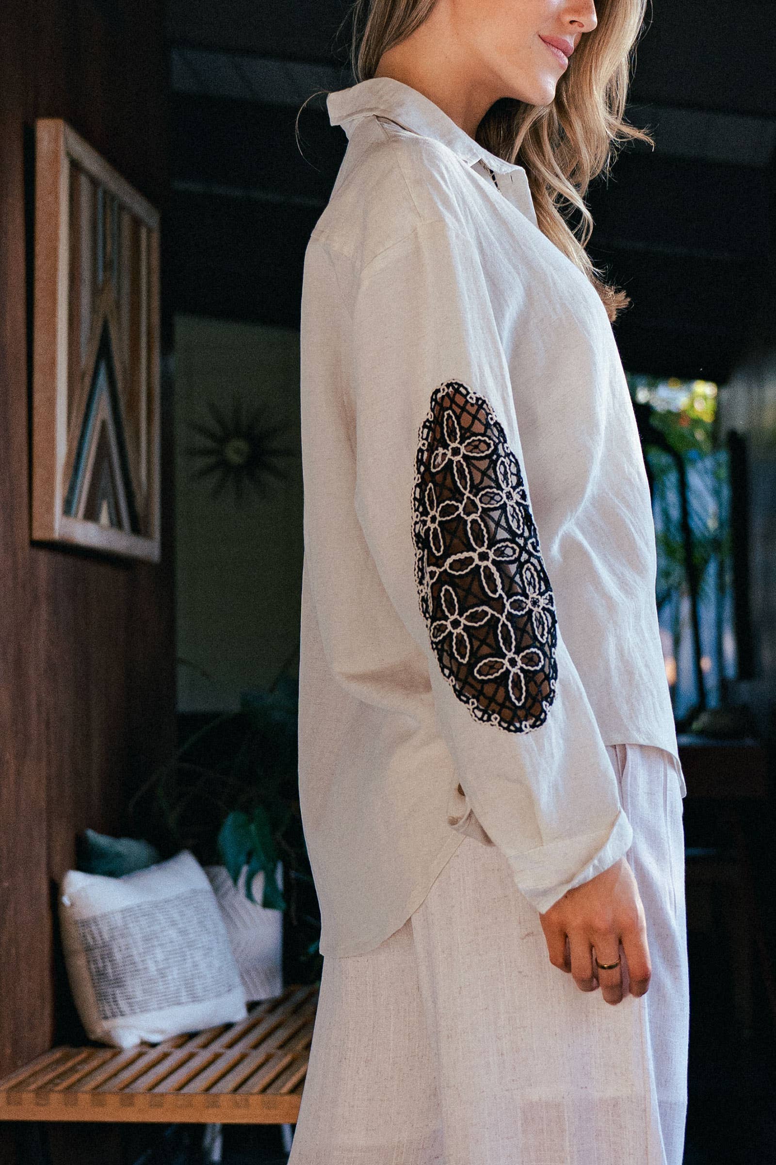 Contrast Crochet Insert Button-Down Shirt