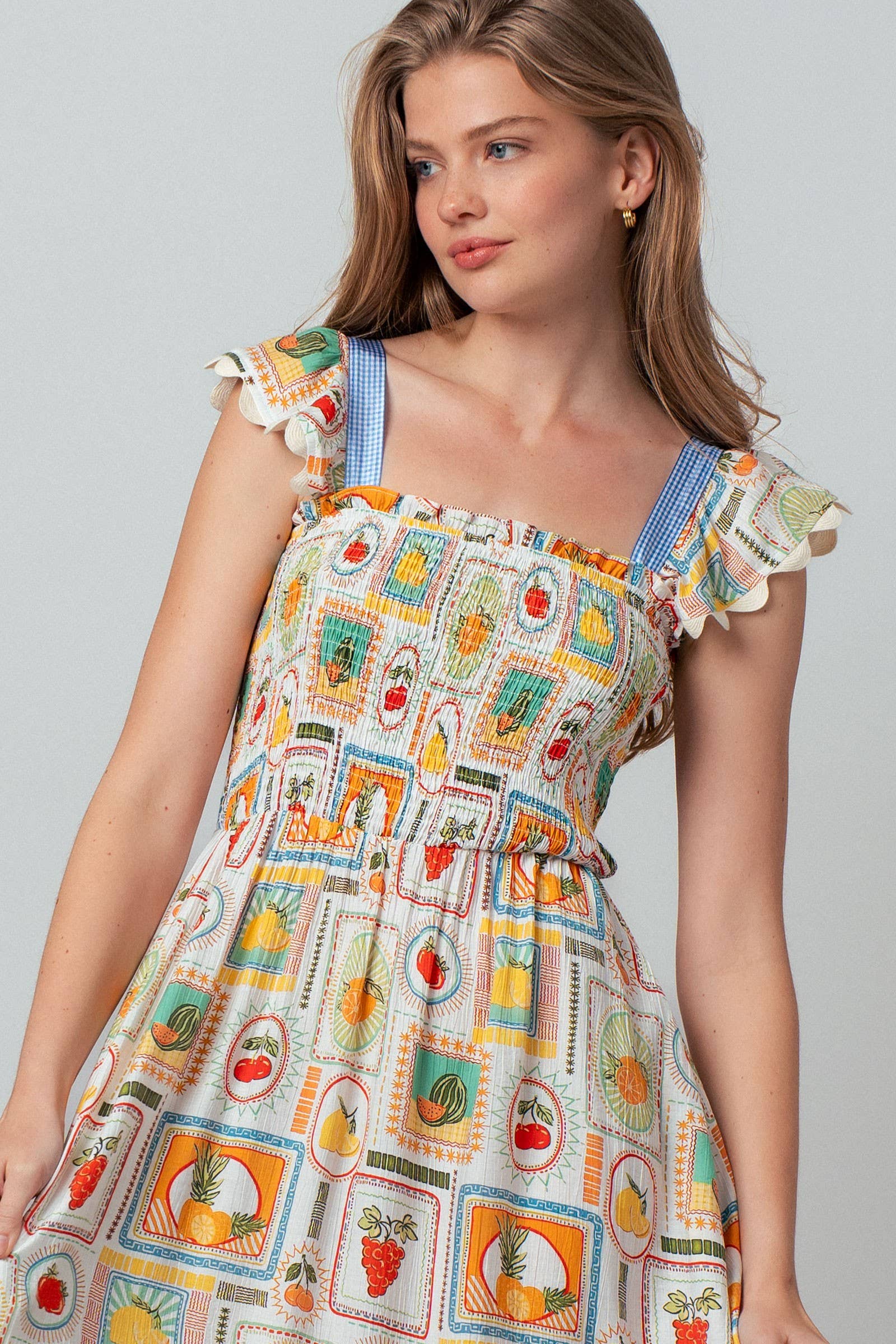 Novelty Stamp Print Smocked Midi Dress