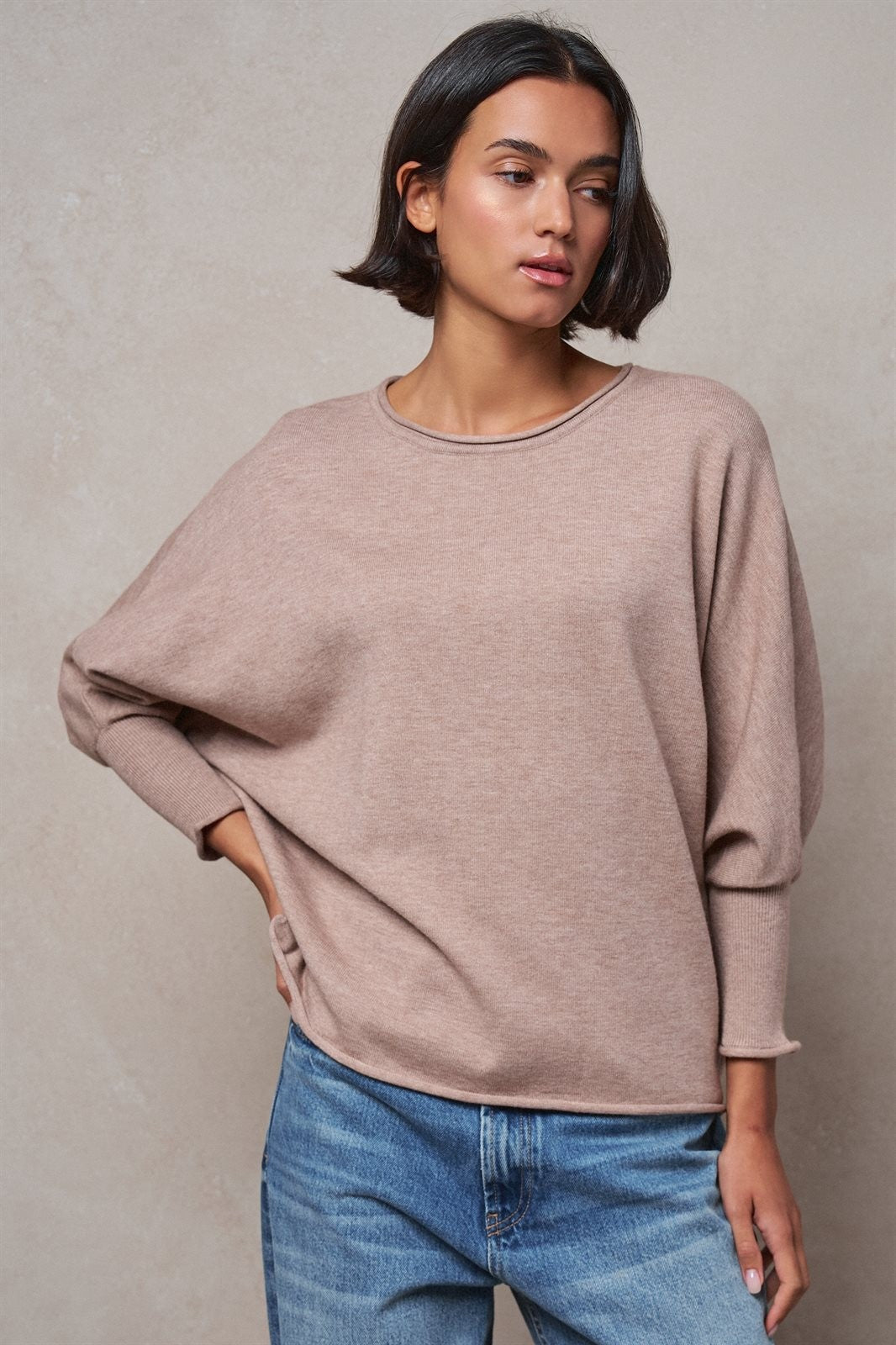 Dolman Sleeve Knit Top Boat Neck Boho Slouchy Sweater in MOCHA - Women's Sweaters | Urban Daizy